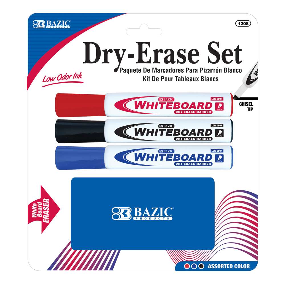 Chisel Tip Assorted 3 Color Dry Erase Marker w/ Eraser