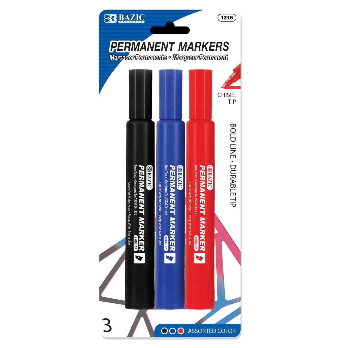 BAZIC Chisel Tip Jumbo Assorted Color Permanent Marker (3/Pack