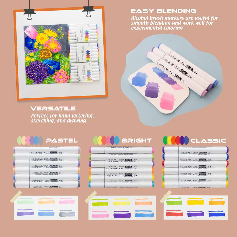 Dual Tip Alcohol-Based Markers 6 Pastel Colors