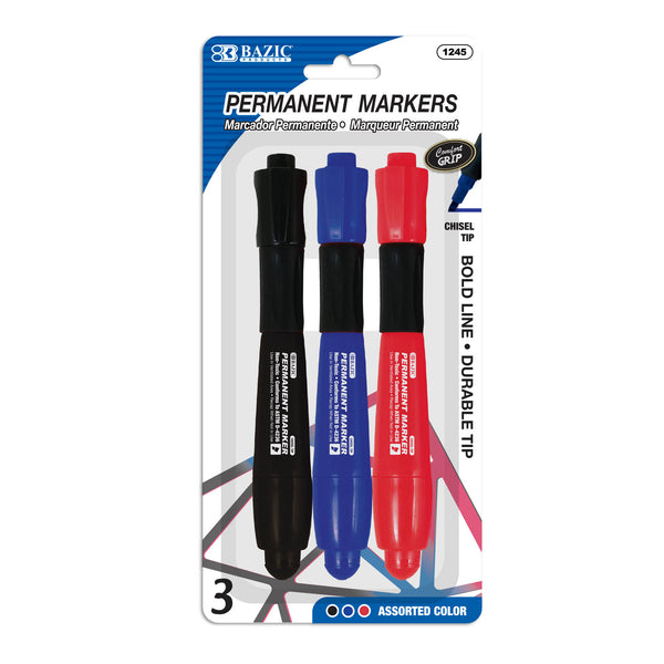 Assorted Colors Chisel Tip Jumbo Permanent Markers w/ Grip (3/Pack)