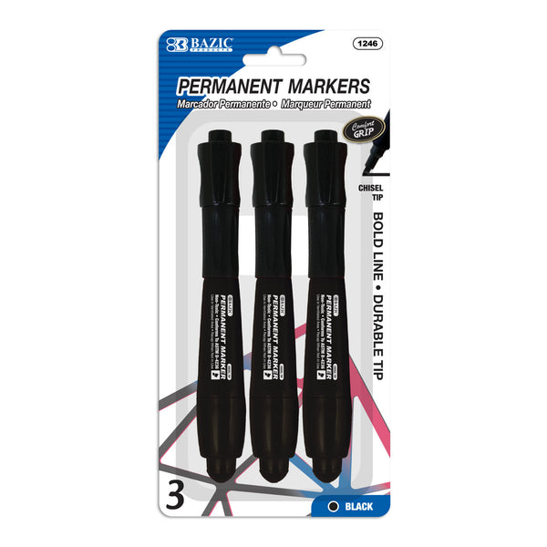 Black Chisel Tip Jumbo Permanent Markers w/ Grip (3/Pack)
