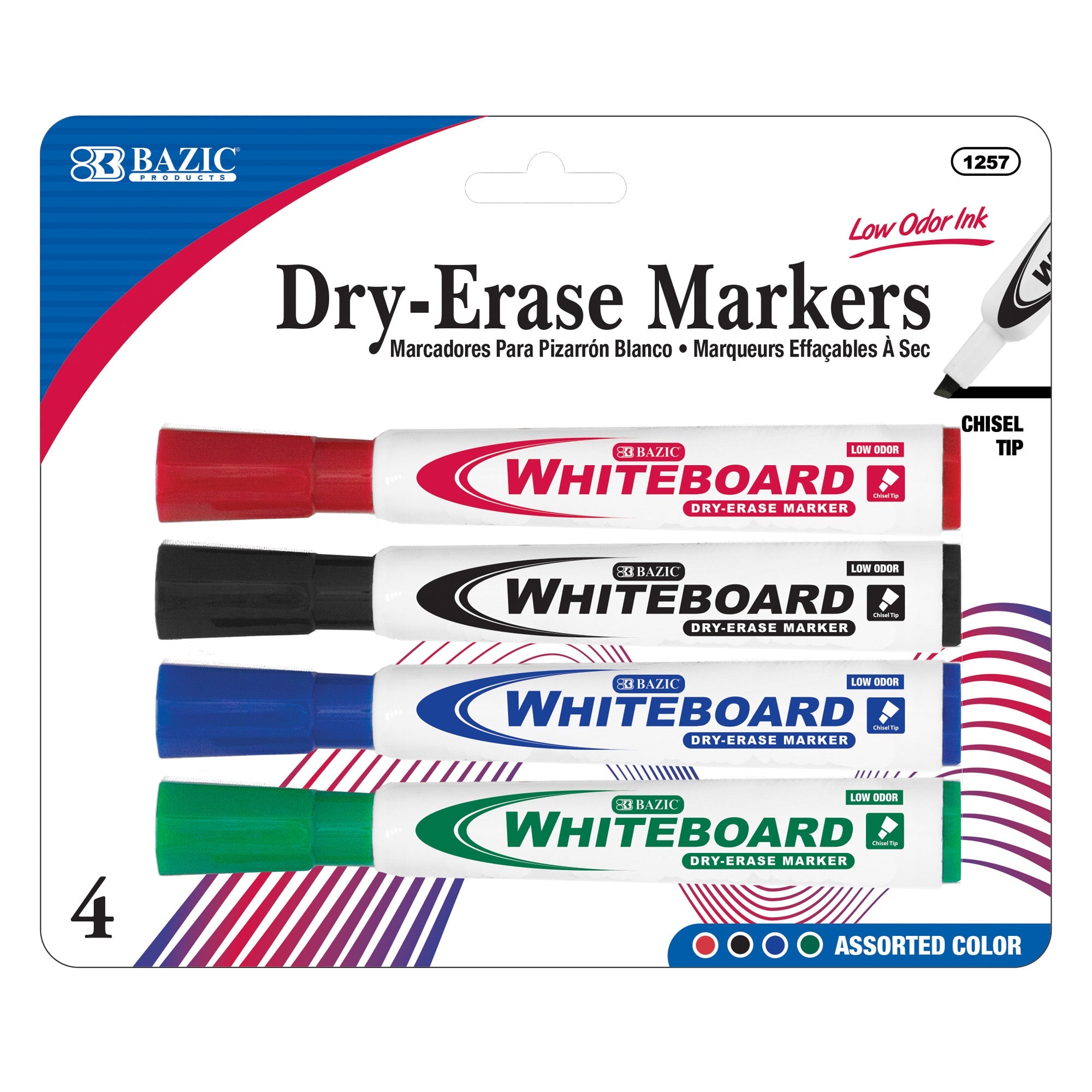 BAZIC Assorted Colors Chisel Tip Dry-Erase Markers (4/Pack