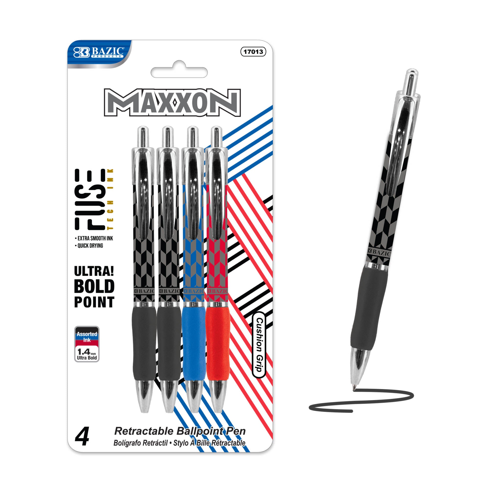 Maxxon 1.4 mm Tip Asst. Color FUSE Tech Ink Retractable Pen w/ Cushion Grip (4/Pack)