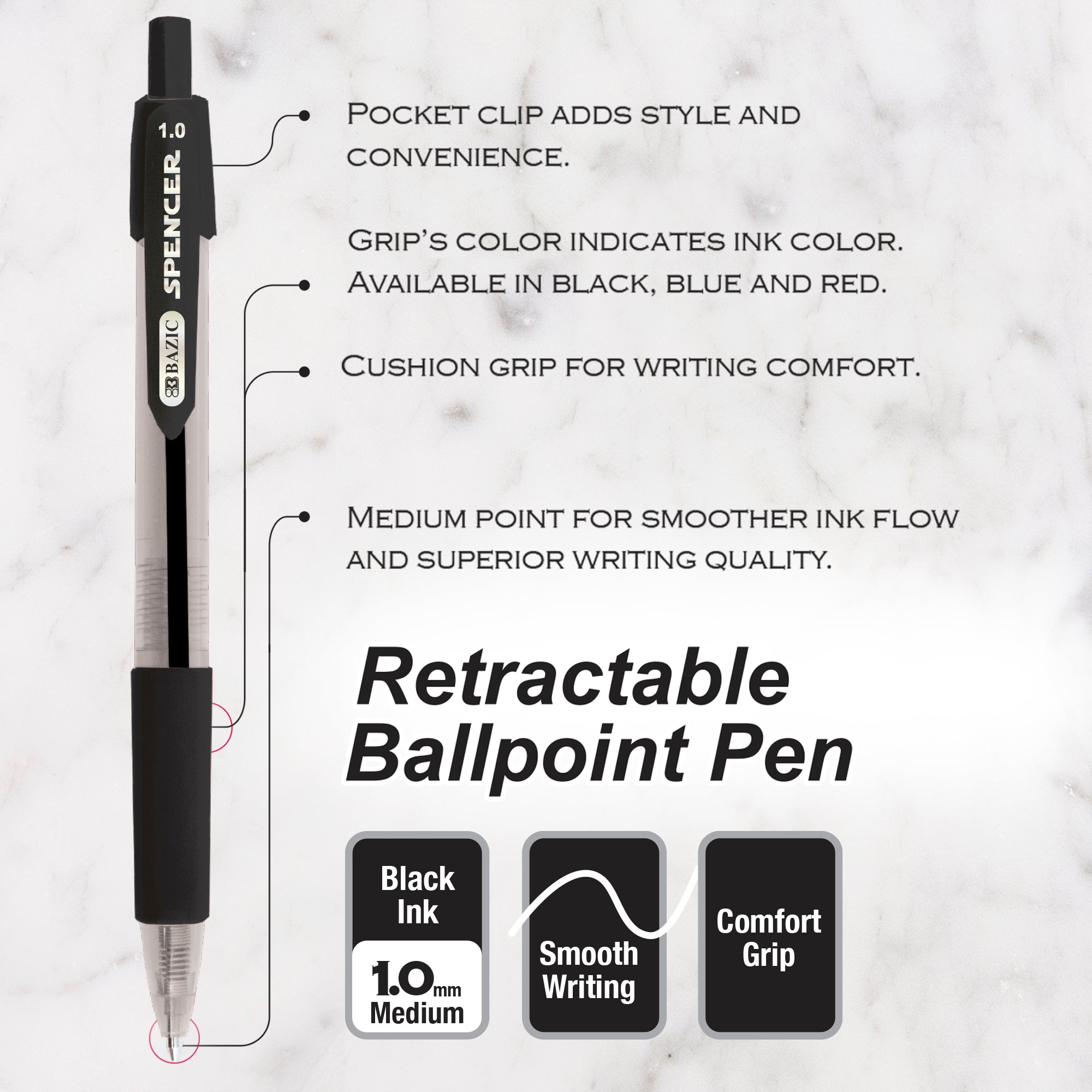 BAZIC Spencer Black Retractable Pen w/ Cushion Grip (5/Pack