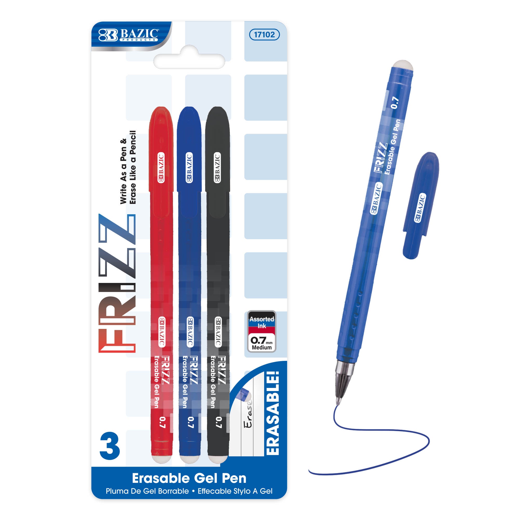 Frizz Assorted Color Erasable Gel Pen (3/Pack)