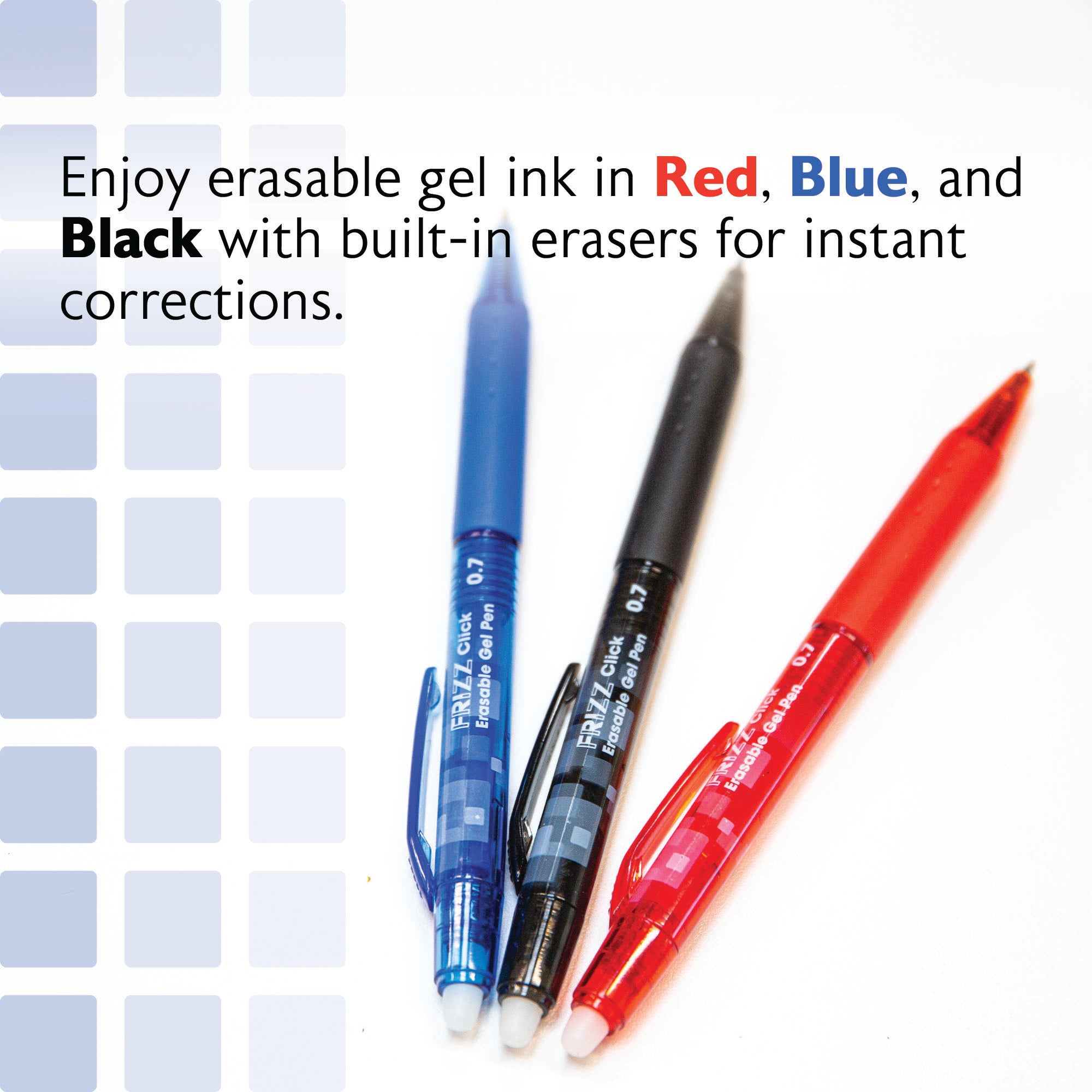 Frizz Assorted Color Erasable Gel Retractable Pen with Grip (3/Pack)
