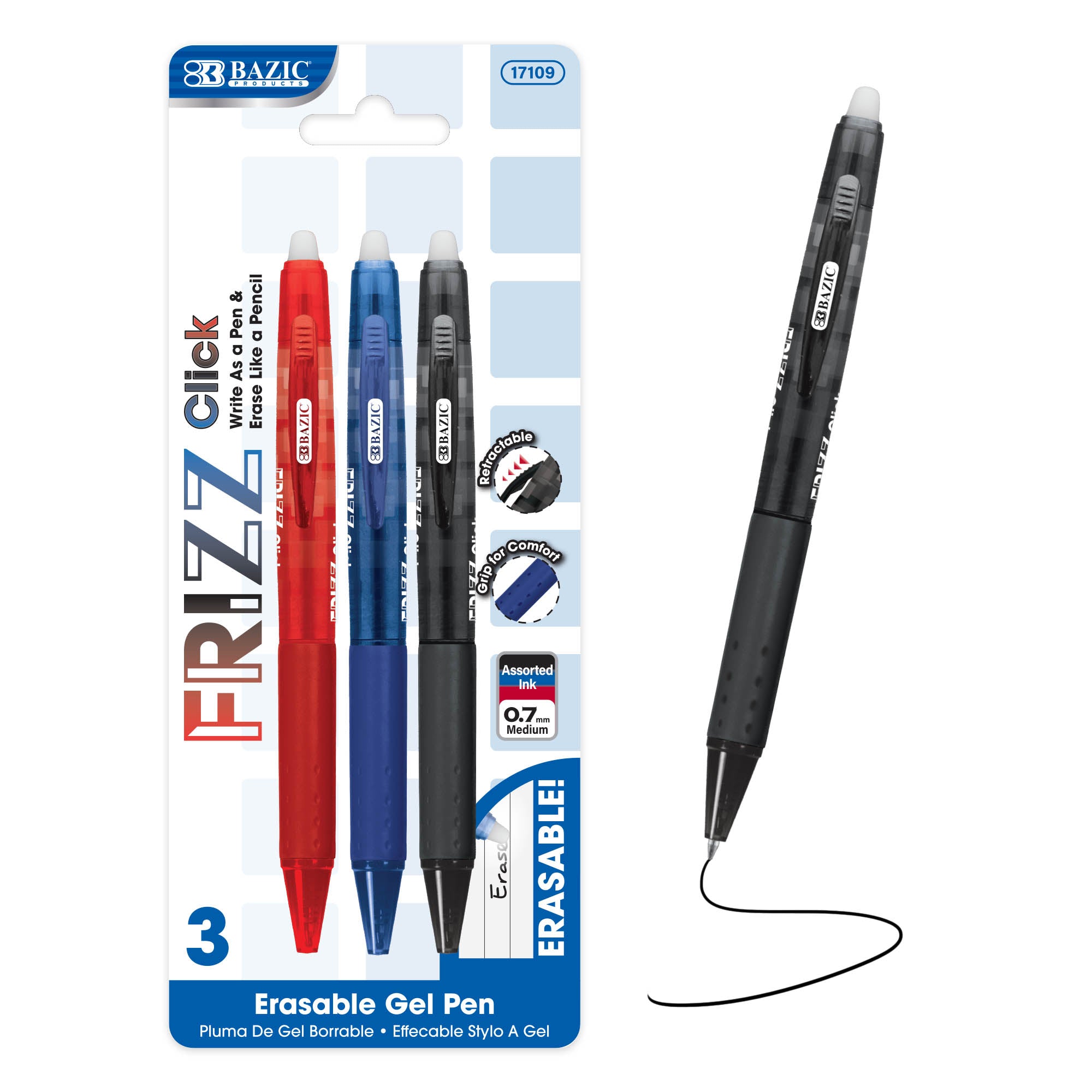 Frizz Assorted Color Erasable Gel Retractable Pen with Grip (3/Pack)