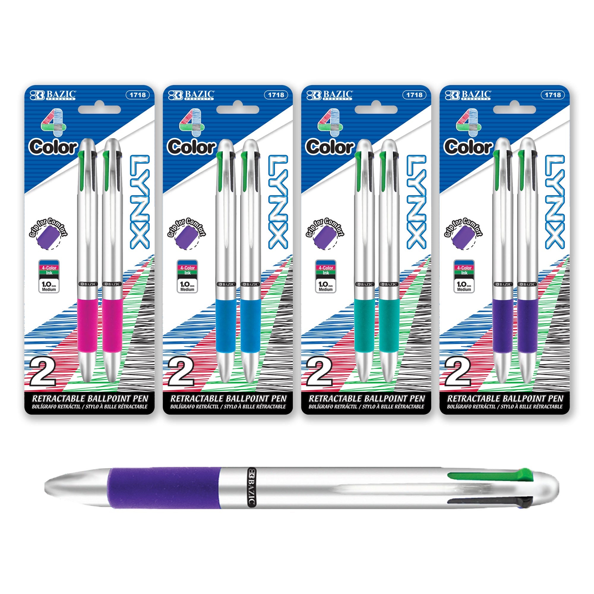 Silver Top 4-Color Pen w/ Cushion Grip (2/Pack)