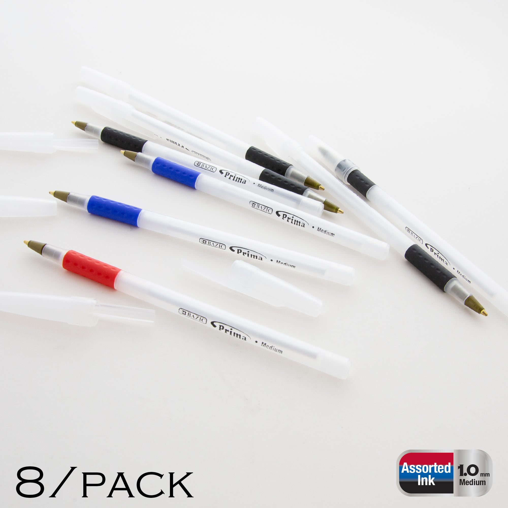 Prima Assorted Color Stick Pen w/ Cushion Grip (8/Pack)