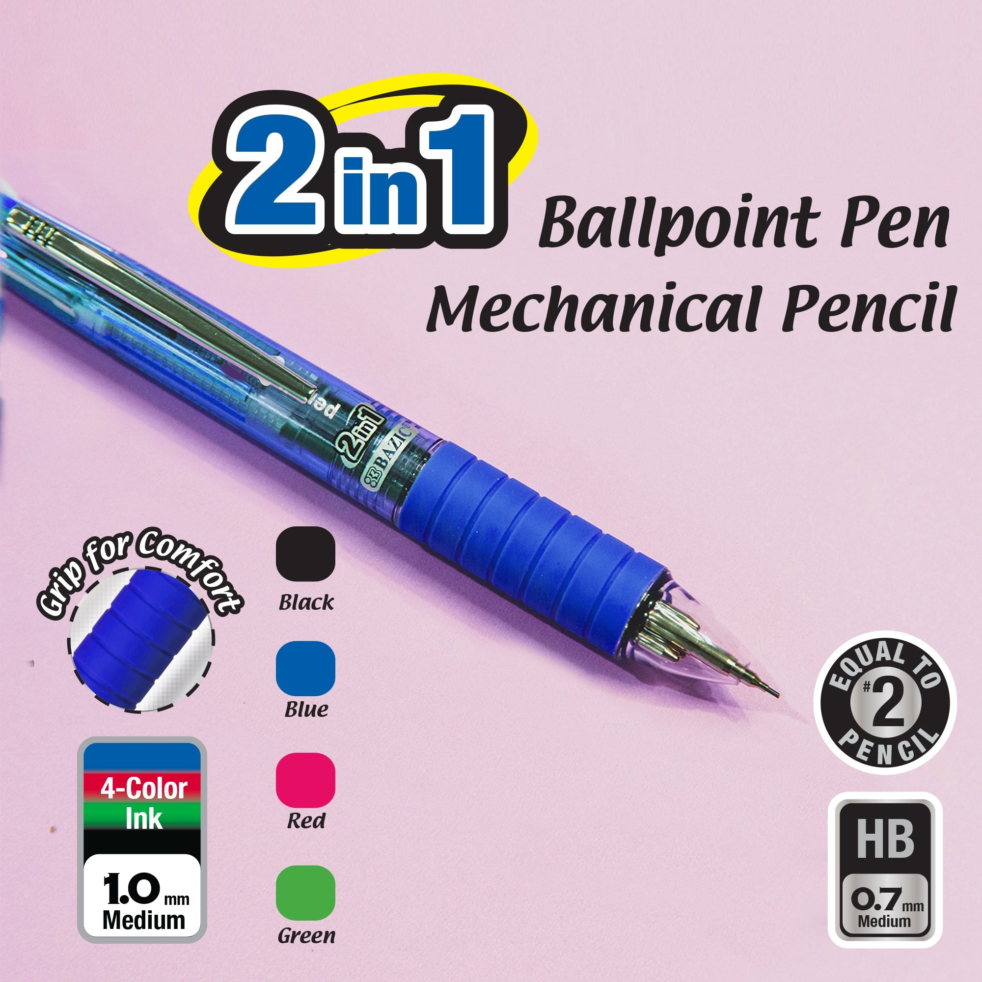 2-In-1 Mechanical Pencil & 4-Color Pen w/ Grip