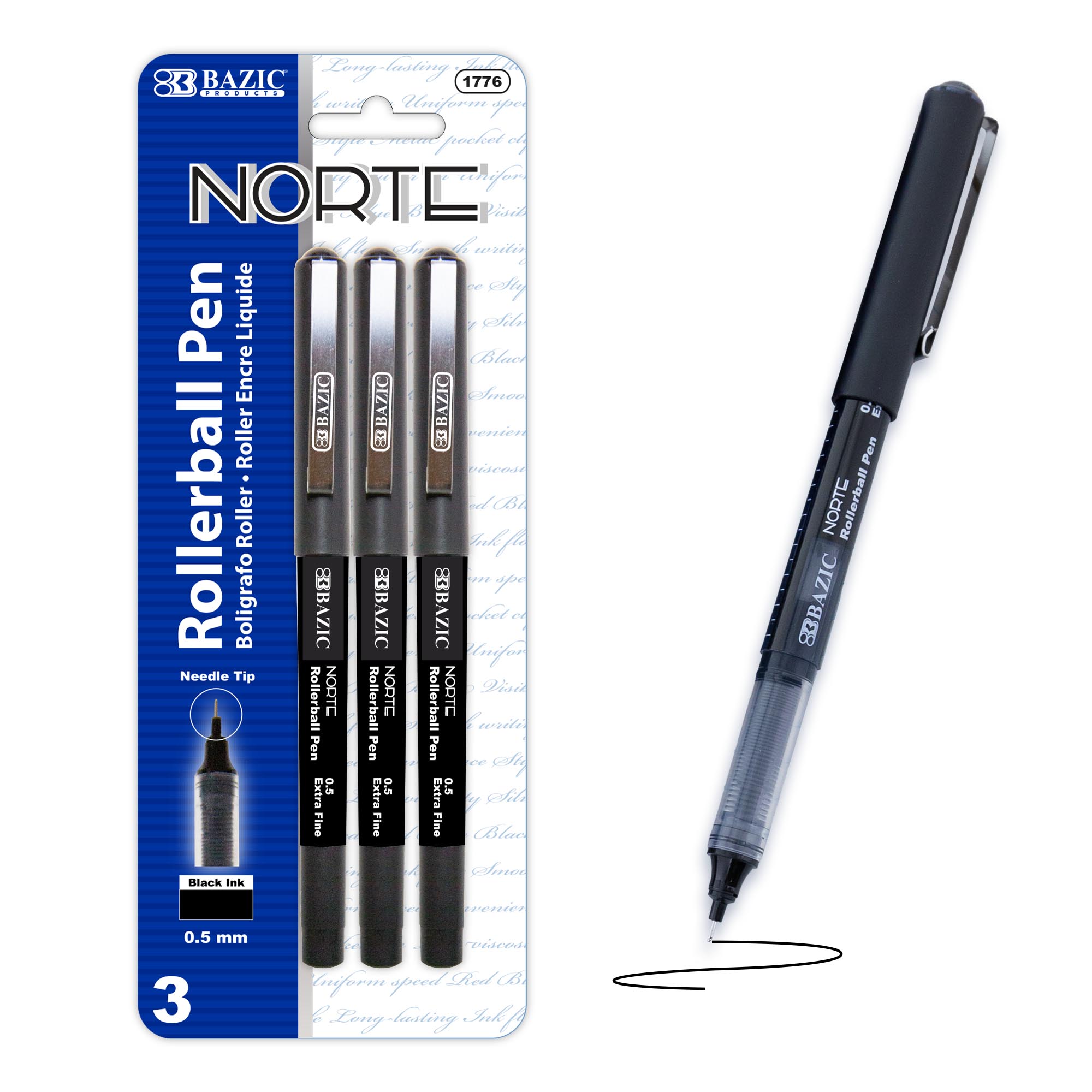 Norte Black Needle-Tip Rollerball Pen (3/Pack)