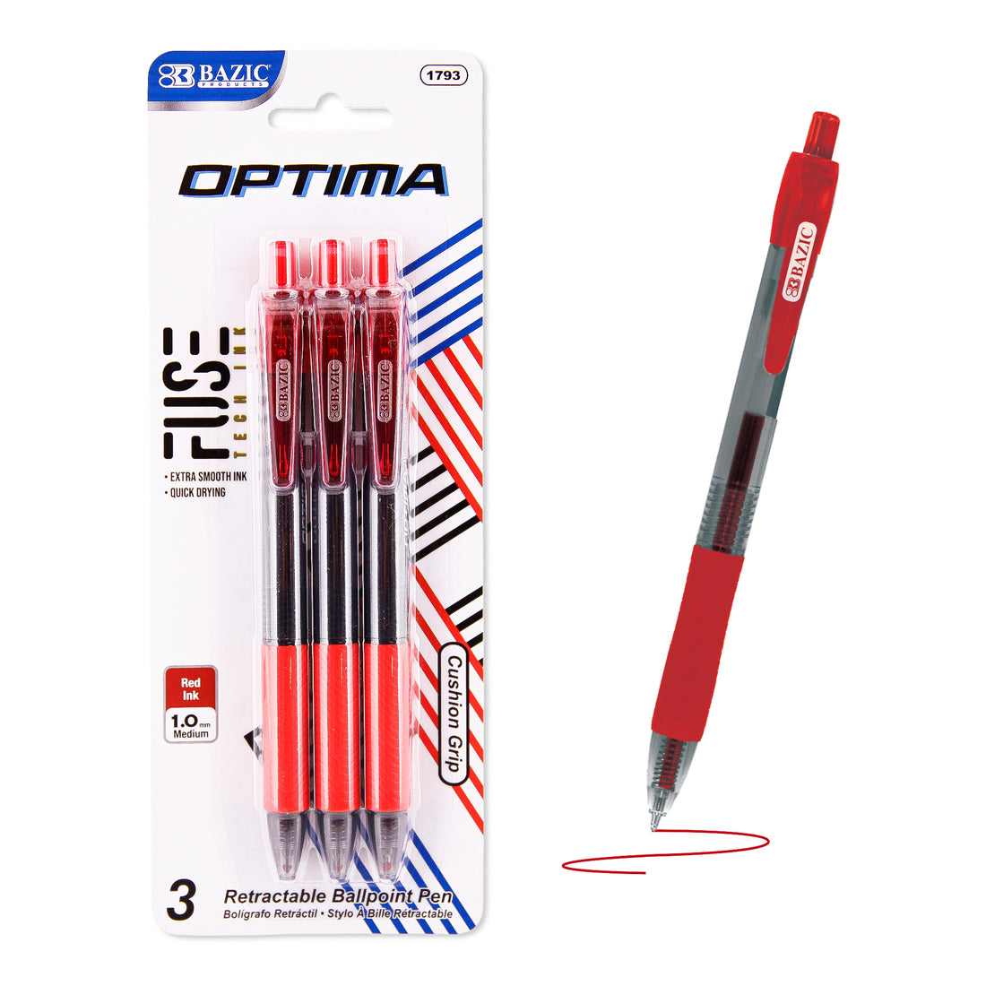 Optima Red FUSE Tech Ink Retractable Pen w/ Grip (3/Pack)