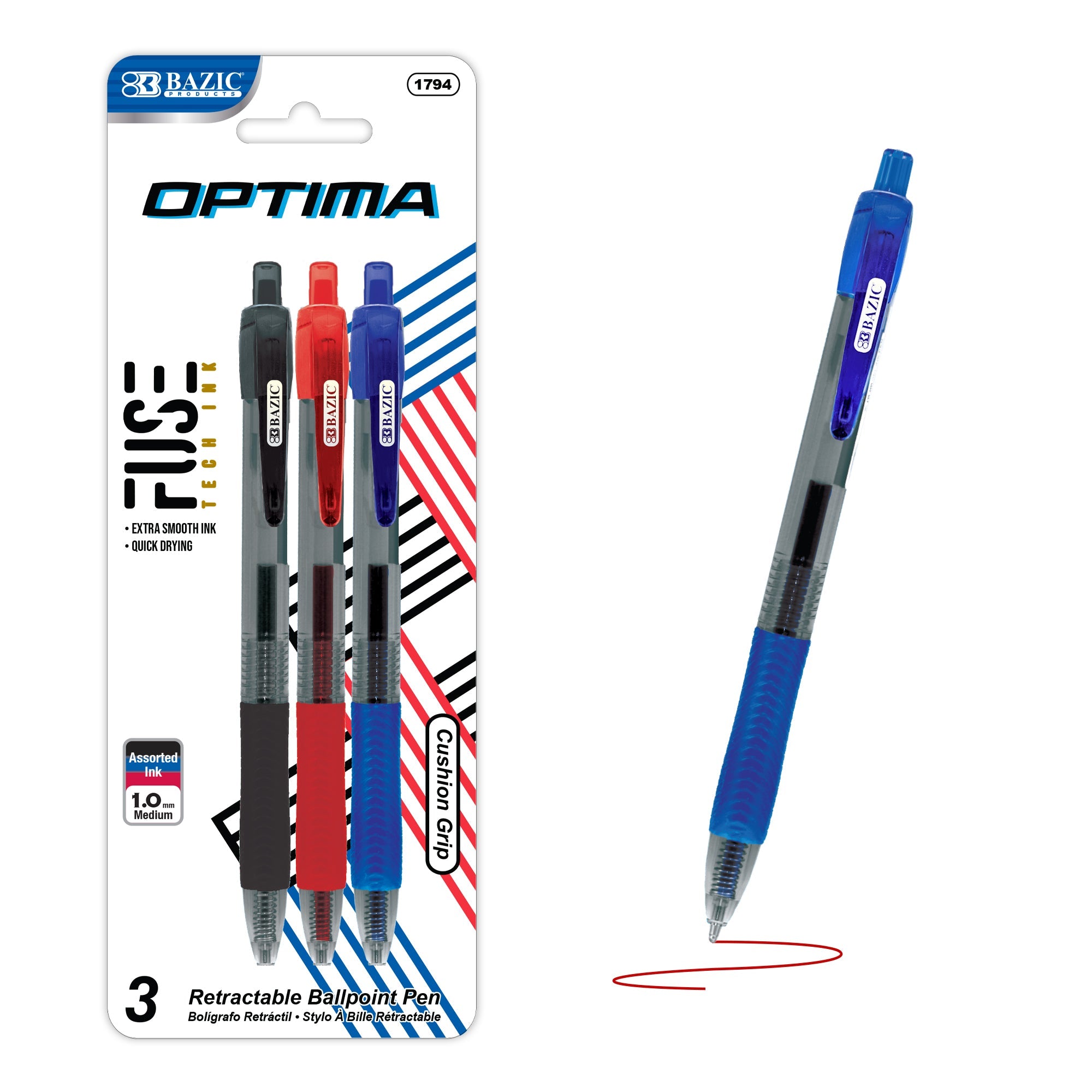 Optima Retractable Assorted Color Oil-Gel Ink (3/Pack)