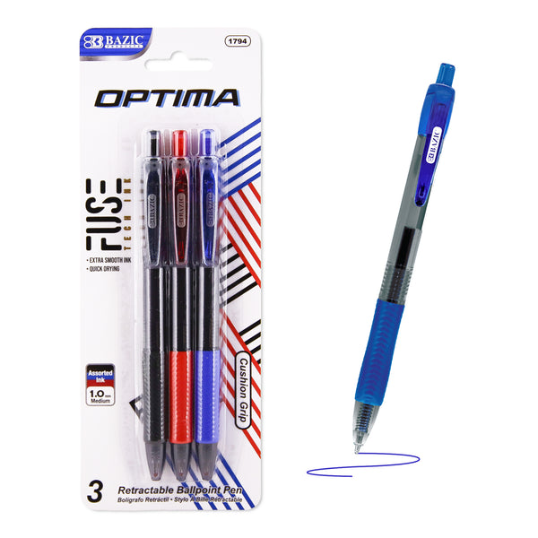 Optima Assorted Color FUSE Tech Ink Retractable Pen w/ Grip (3/Pack)