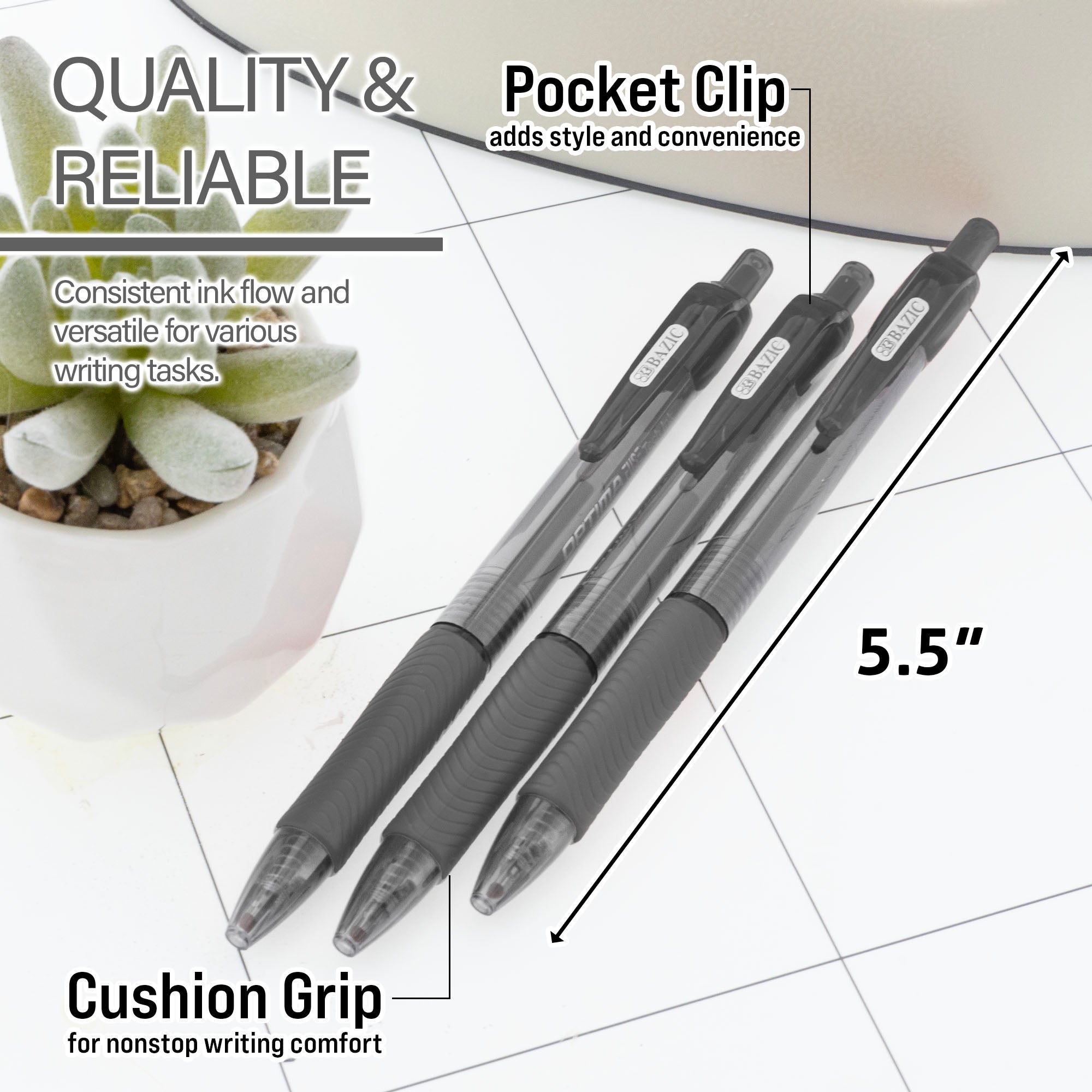 Optima Black Oil-Gel Ink Retractable Pen w/ Grip (3/Pack)