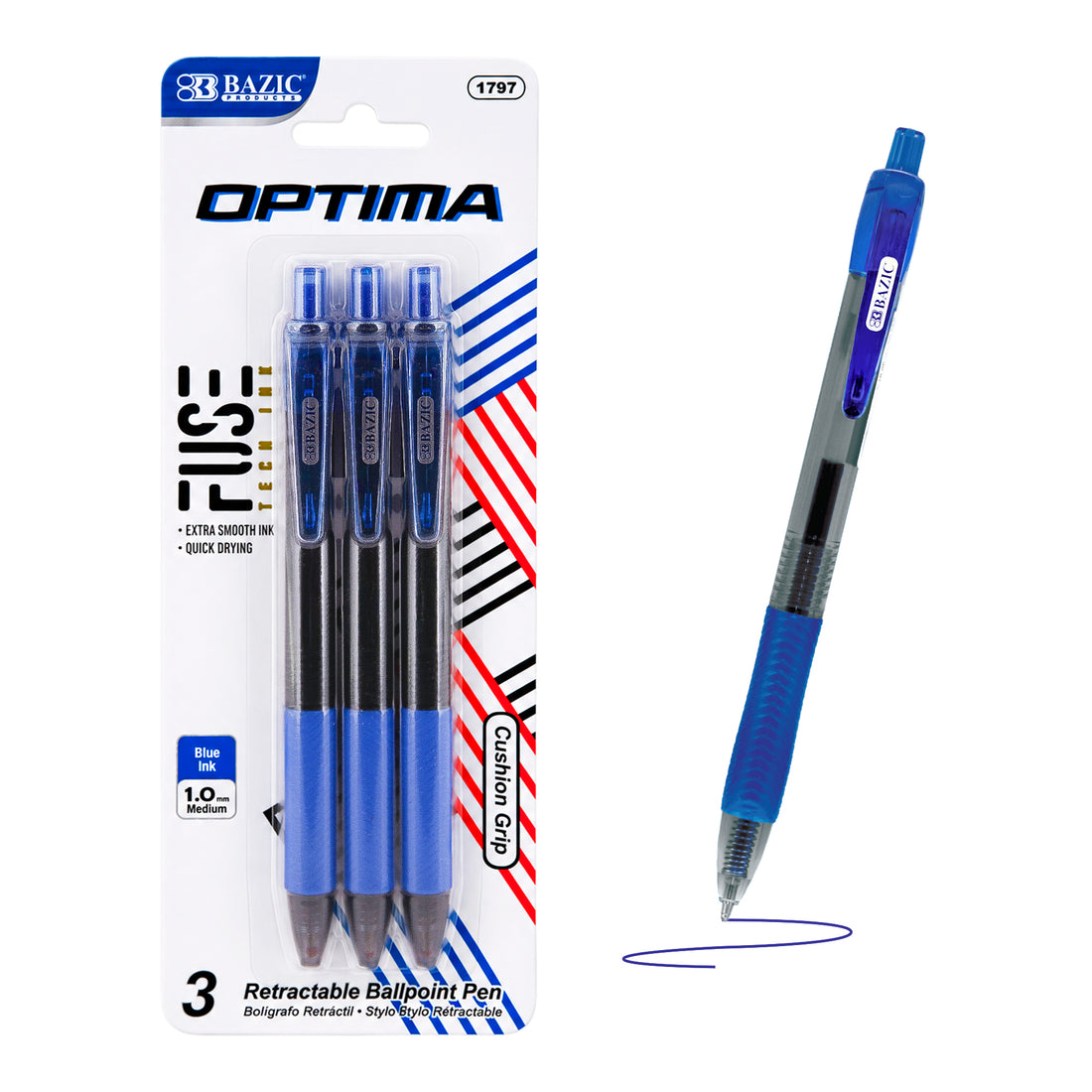 Optima Blue FUSE Tech Ink Retractable Pen w/ Grip (3/Pack)