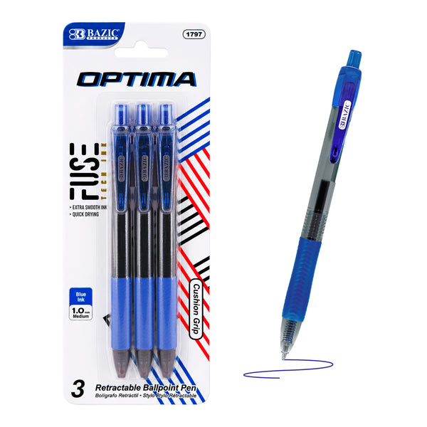 Optima Blue FUSE Tech Ink Retractable Pen w/ Grip (3/Pack)
