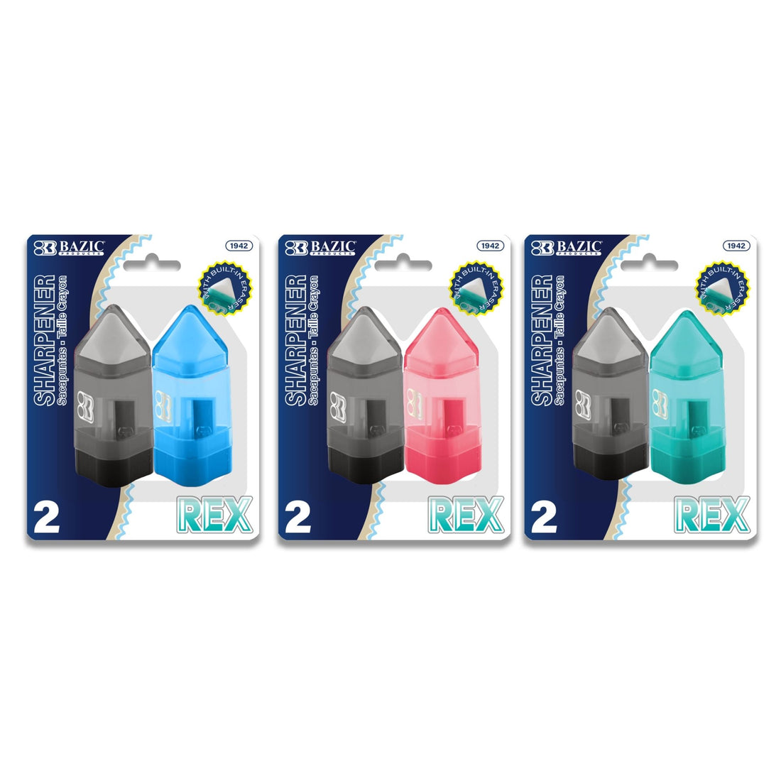 Rex Sharpener w/ Receptacle + Eraser (2/Pack)