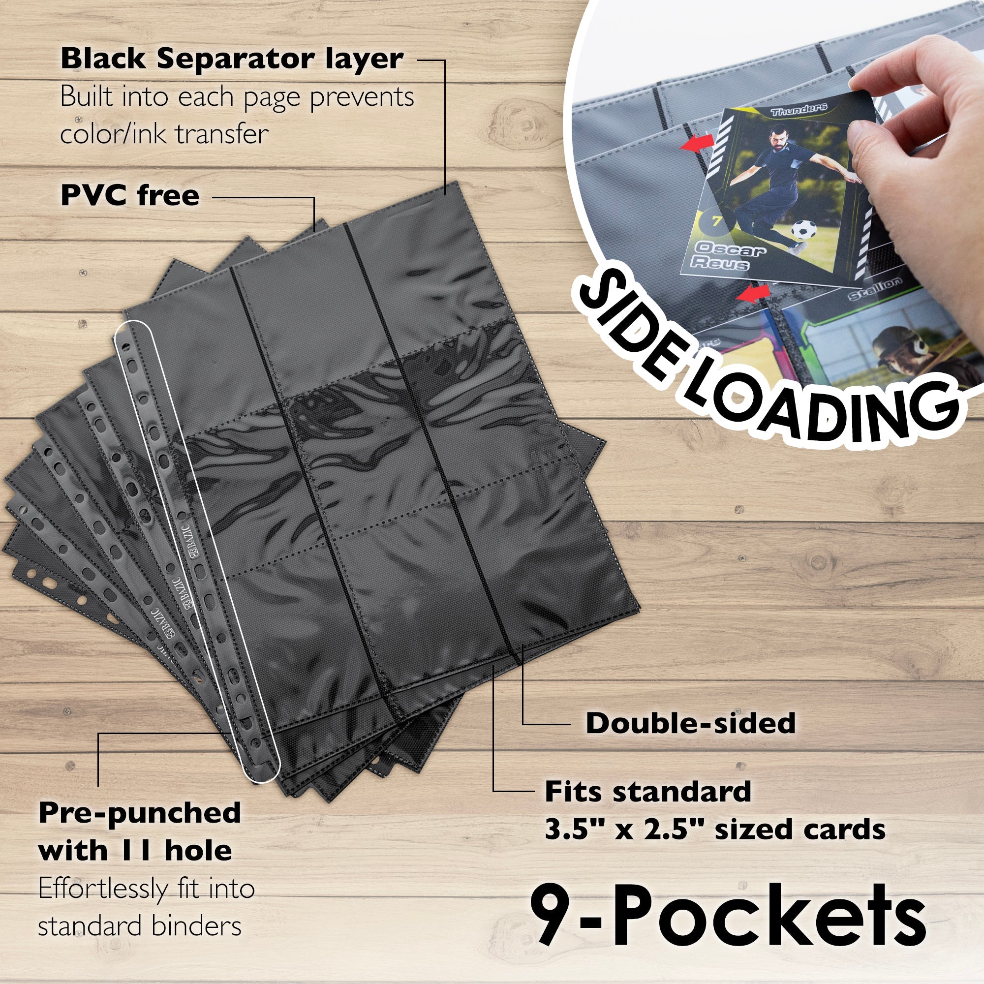 BAZIC Side Loading 9-Pockets Double Sided Trading Card Holders (5