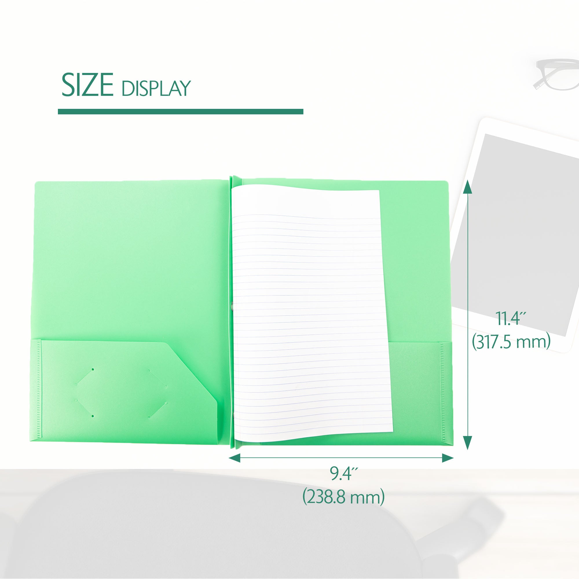 Poly 2-Pockets Portfolio - Green Color w/ 3-Prong Fastener