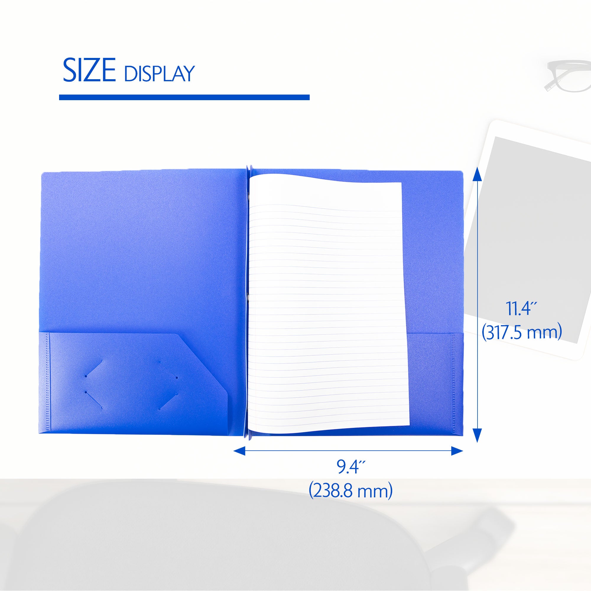 Poly 2-Pockets Portfolio - Blue Color w/ 3-Prong Fastener