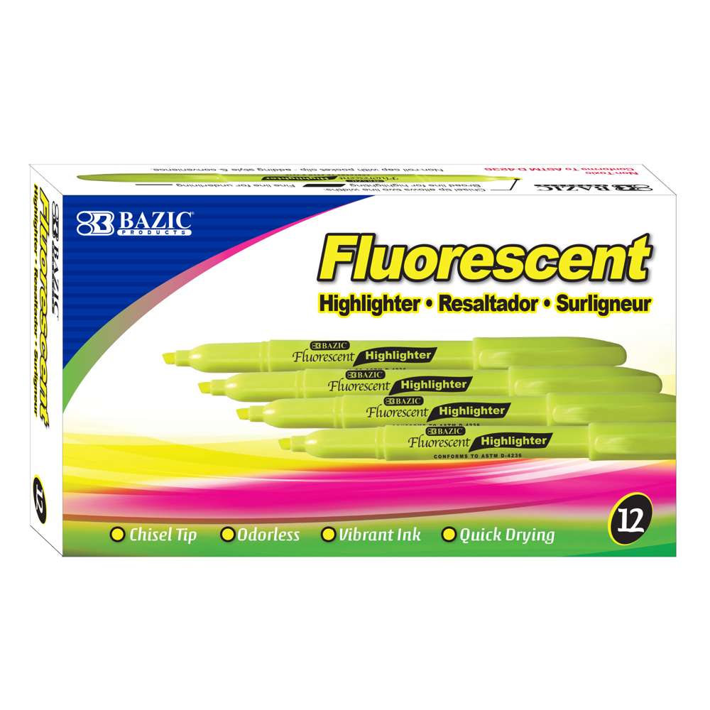 Fluorescent Highlighter Yellow w/ Pocket Clip (12/Pack)