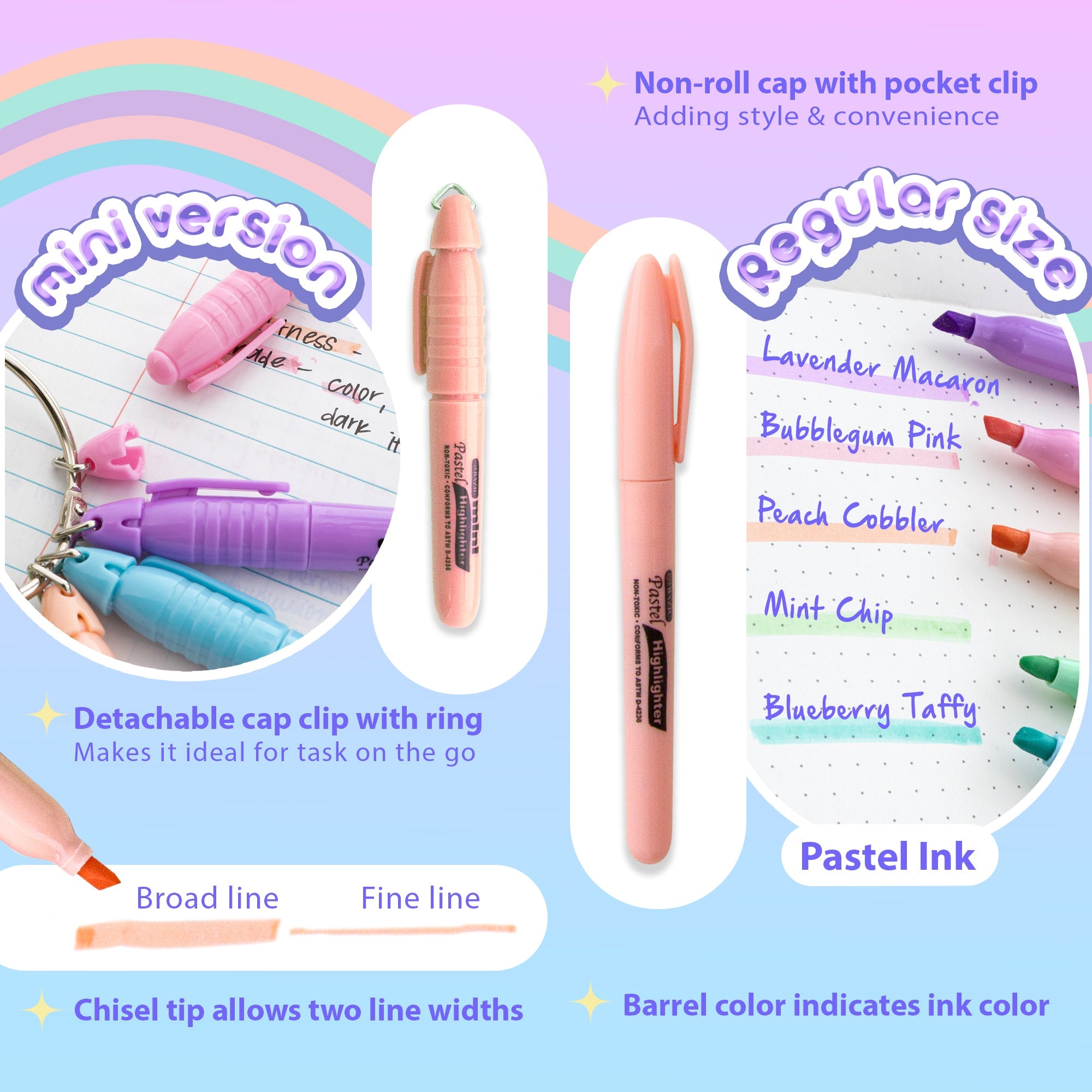 Pen Style Pastel Assorted Colors Highlighter (5/Pack)