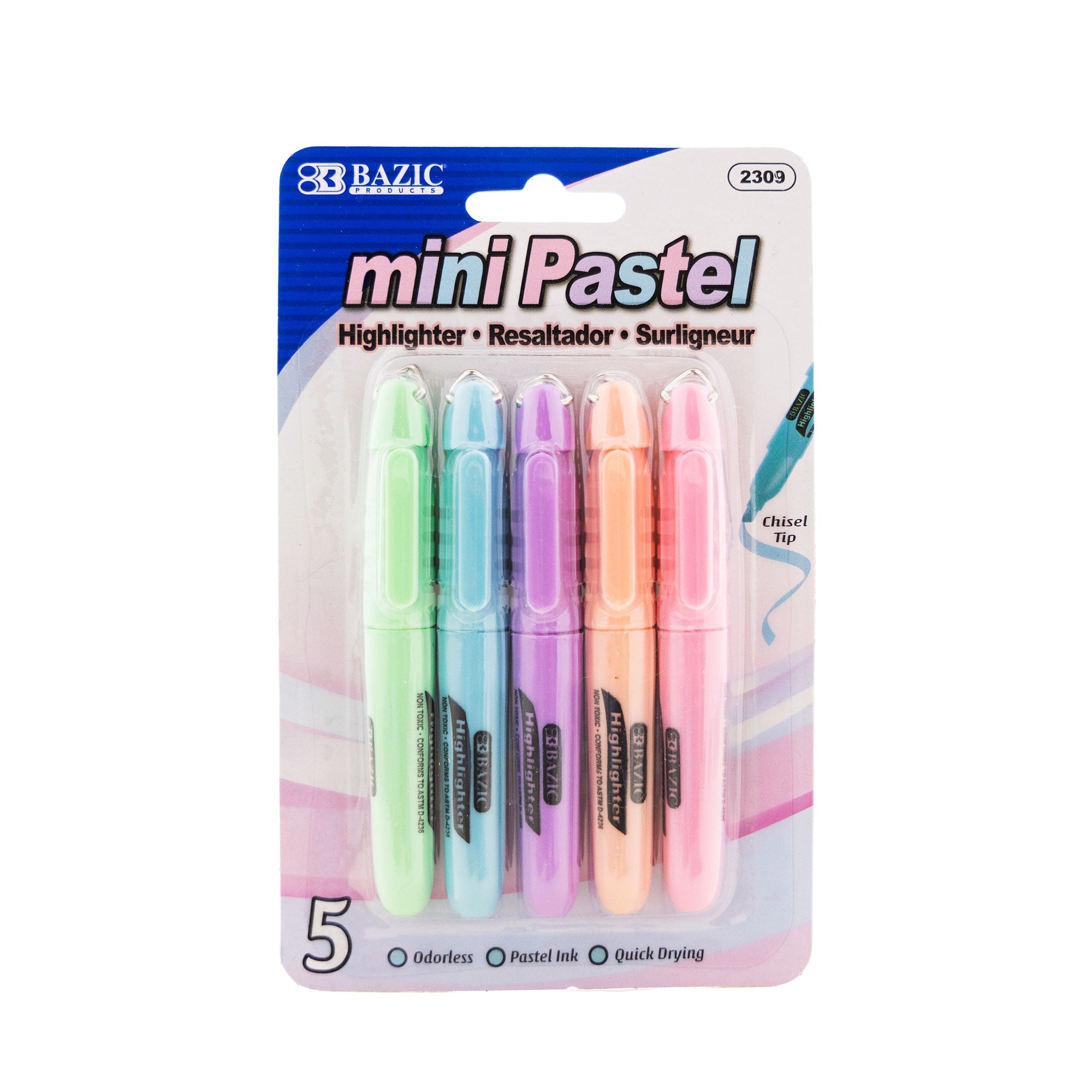 Mini Pastel Assorted Colors Highlighter w/ Cap Clip (5/Pack)