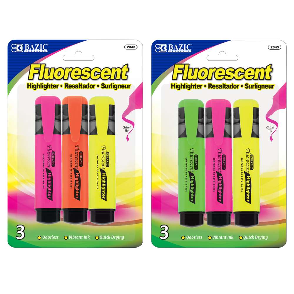 Fluorescent Highlighters w/ Pocket Clip (3/Pack)