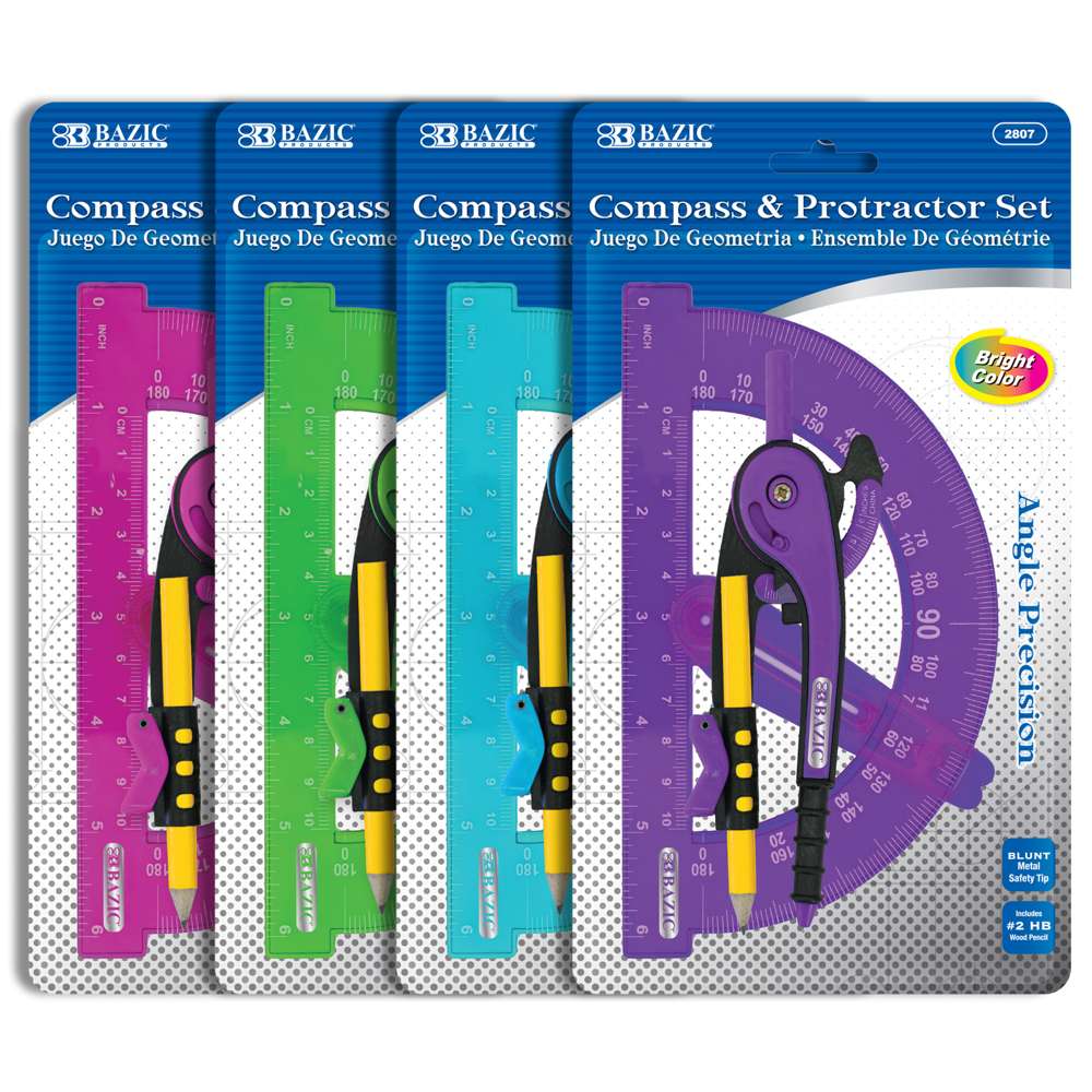 BAZIC Colored Scale-Arm Compass, 6" Protractor Set