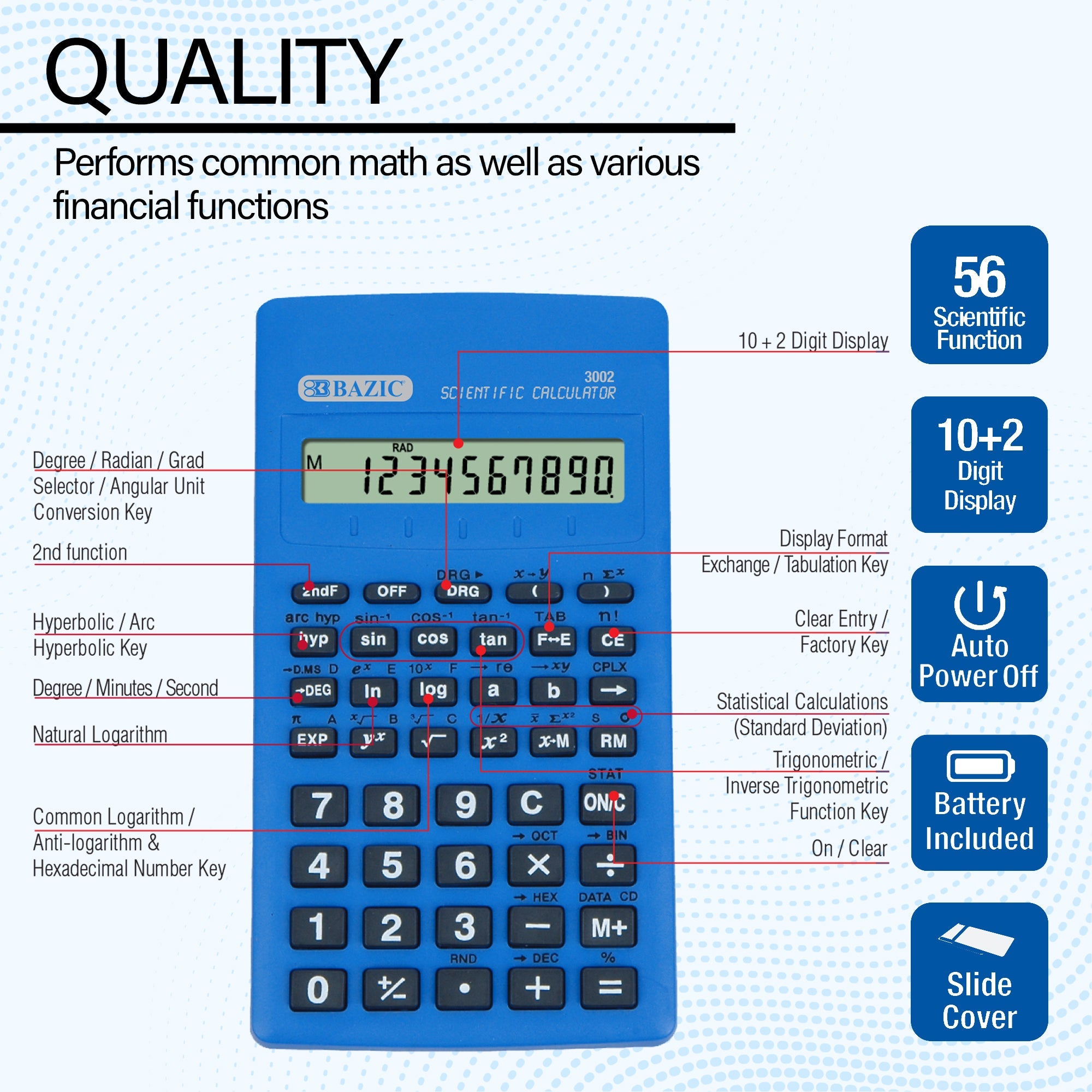 Scientific Calculator 56 Function w/ Slide-On Case
