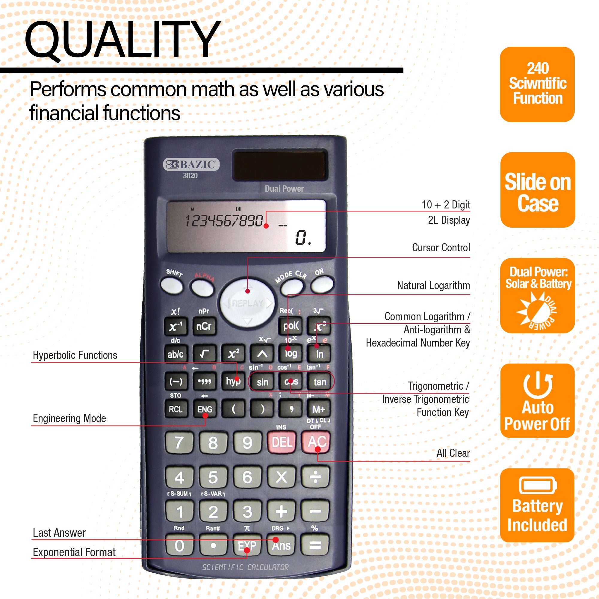 Scientific Calculator 240 Function, Slide-On Case