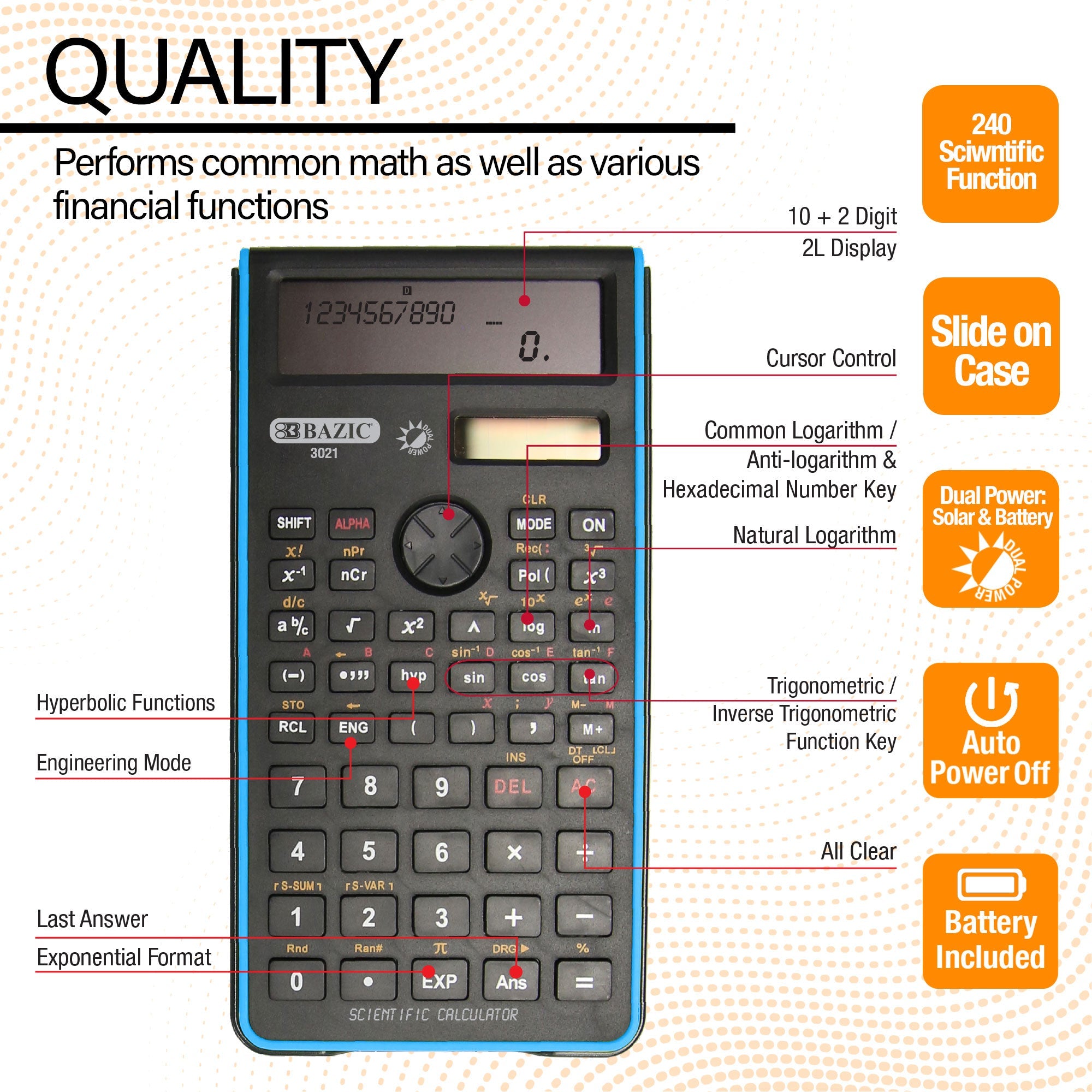 Scientific Calculator 240 Function w/ Slide-On Case