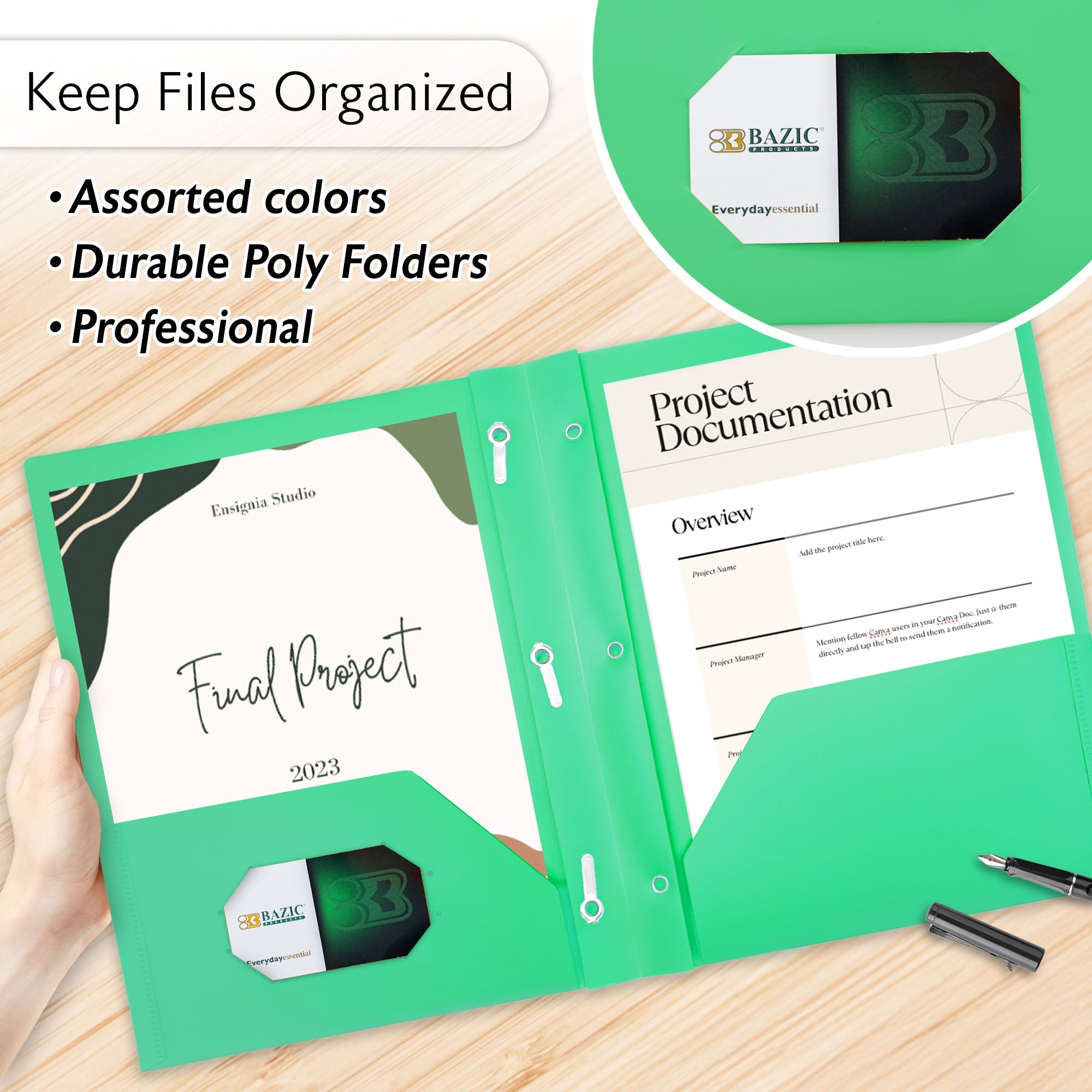 Solid Color 2-Pockets Portfolio - Solid Color w/ 3-Prong Fastener