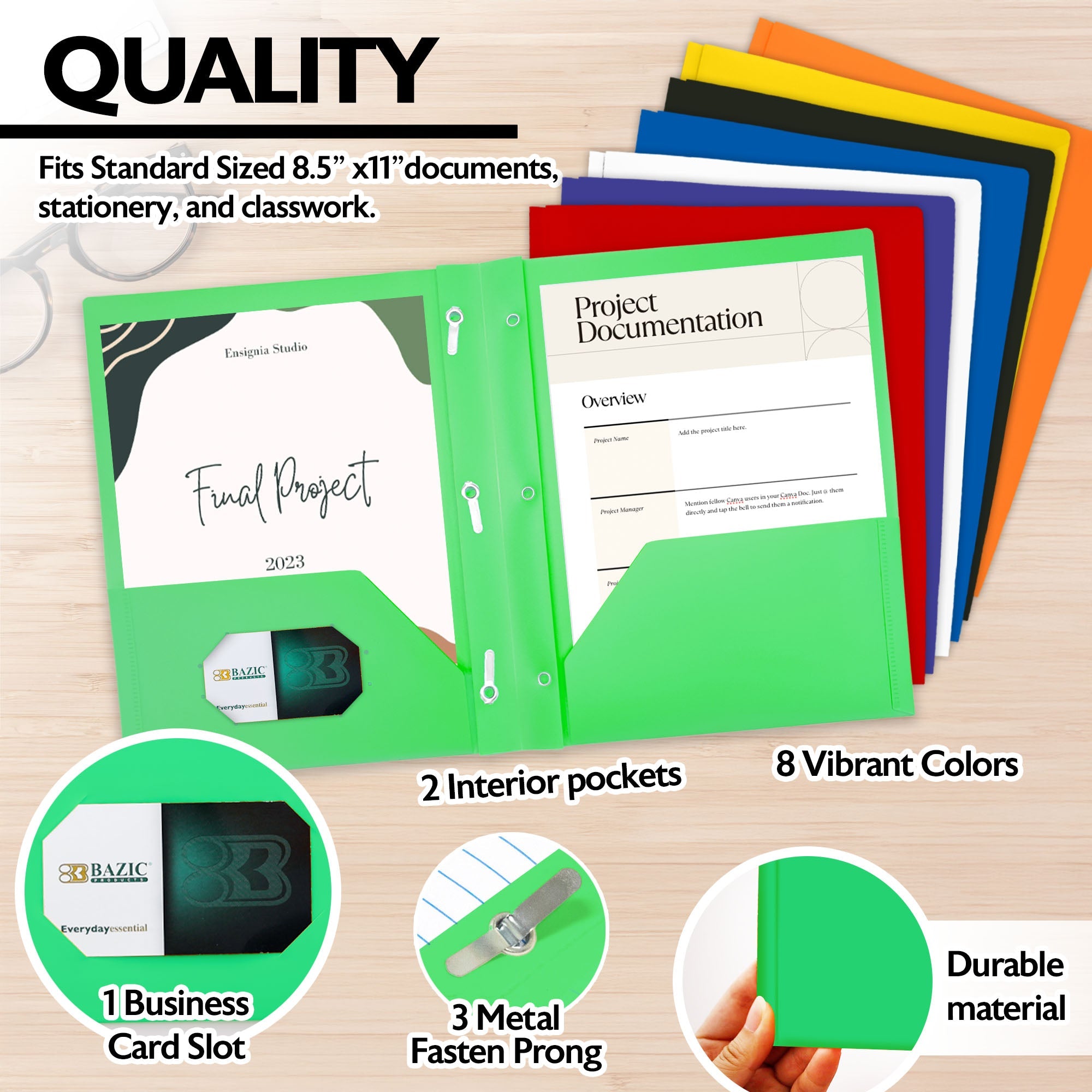 Solid Color 2-Pockets Portfolio - Solid Color w/ 3-Prong Fastener