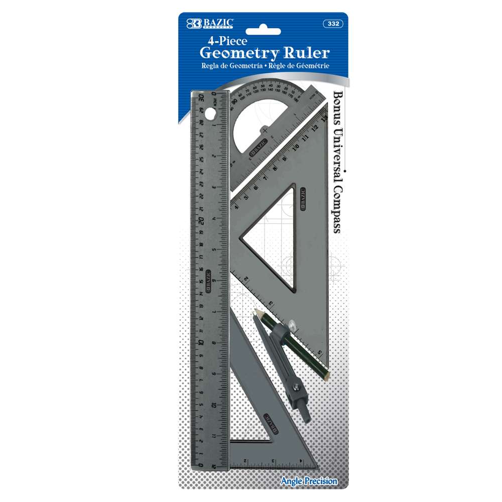 4-Piece Geometry Ruler Combination Sets w/ Compass