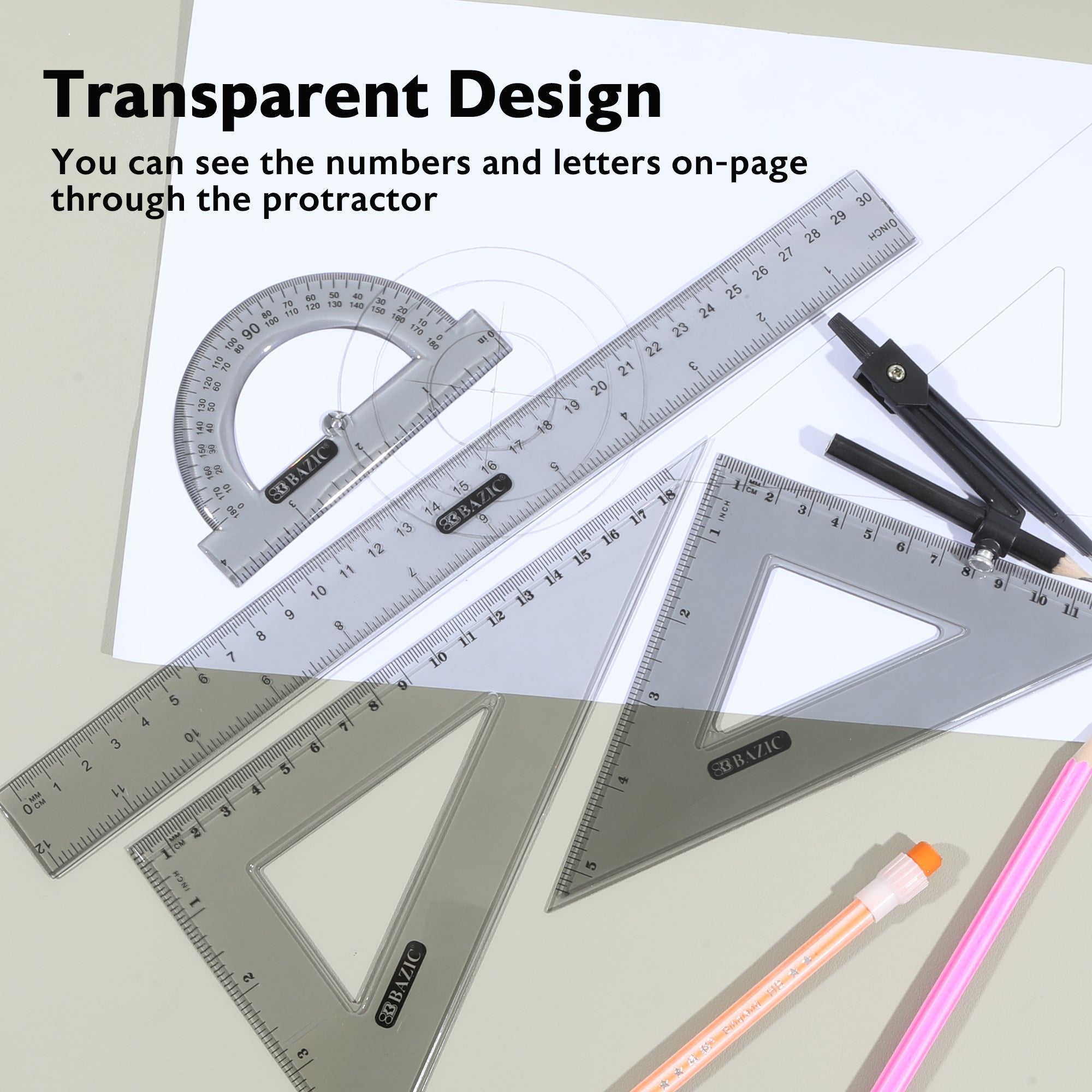Geometry Ruler Combination Sets 4-Piece w/ Compass