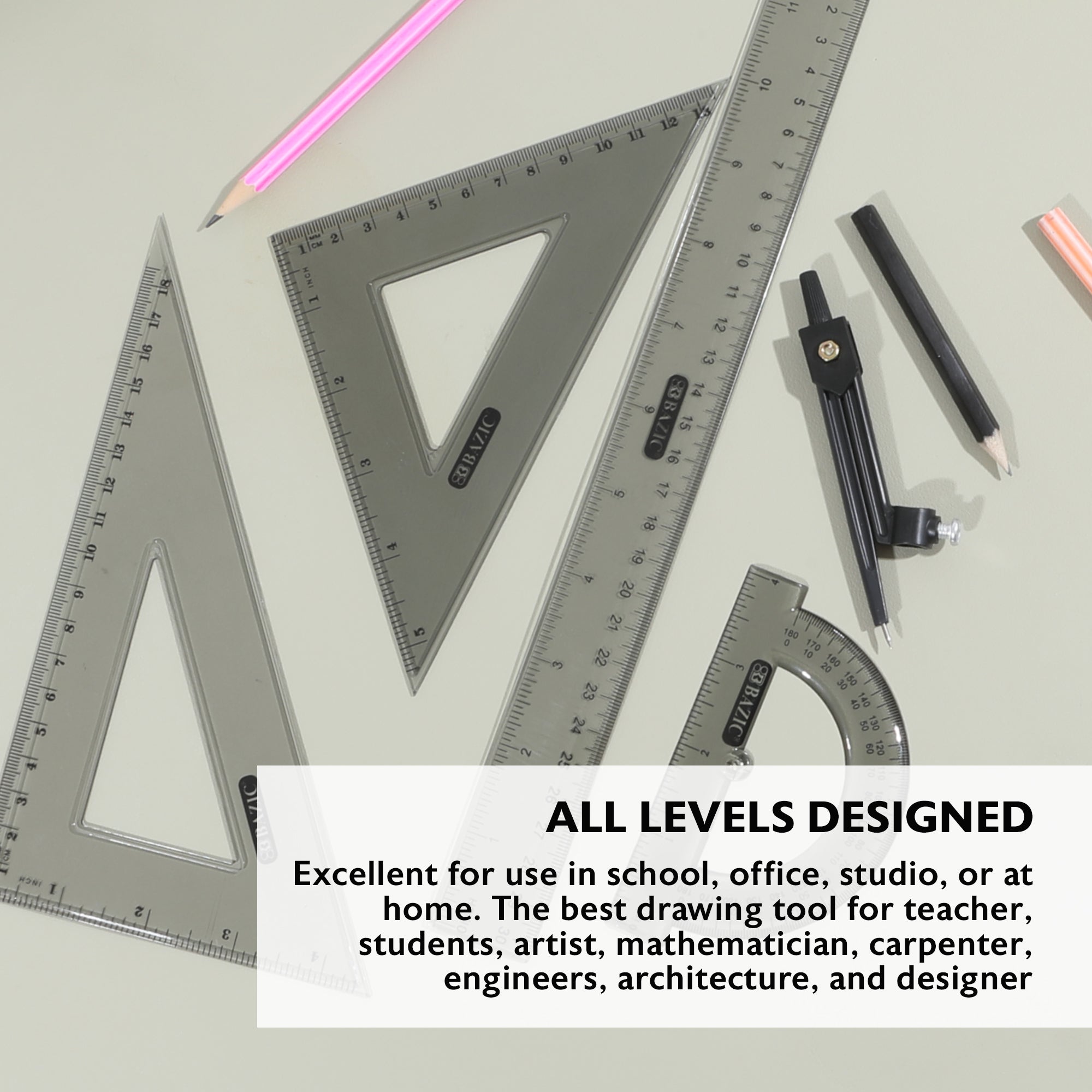 Geometry Ruler Combination Sets 4-Piece w/ Compass