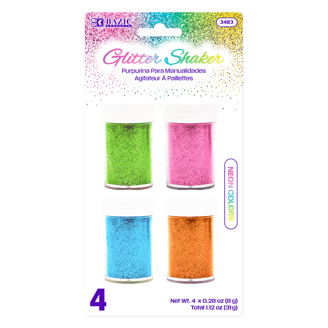 0.28 oz (8g) 4 Neon Color Glitter Shaker
