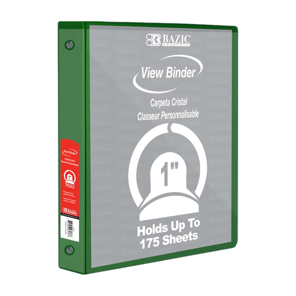 1" Green 3-Ring View Binder w/ 2-Pockets