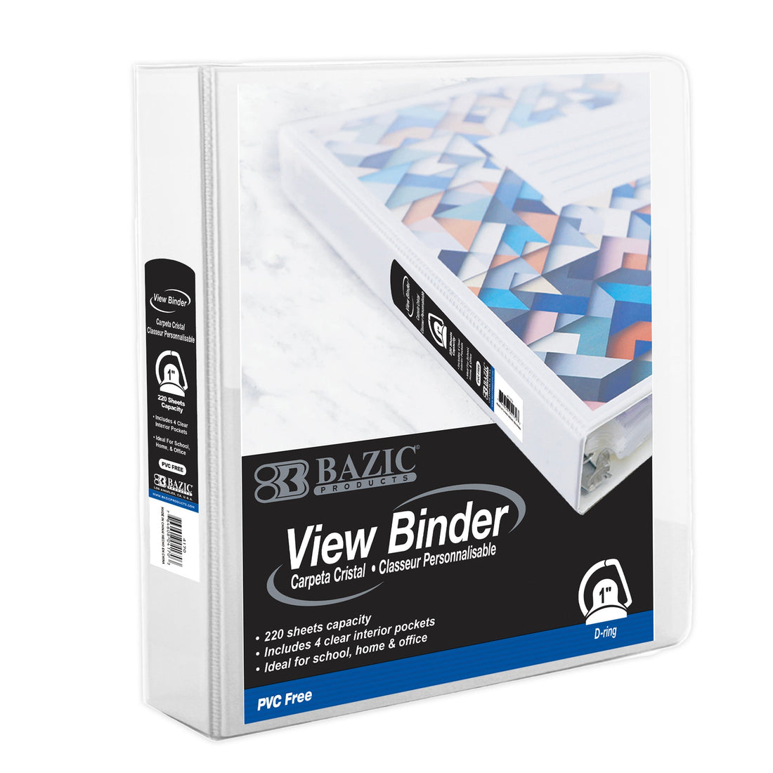 1" White PVC-Free Slant-D Ring View Binder w/ 4-Pockets