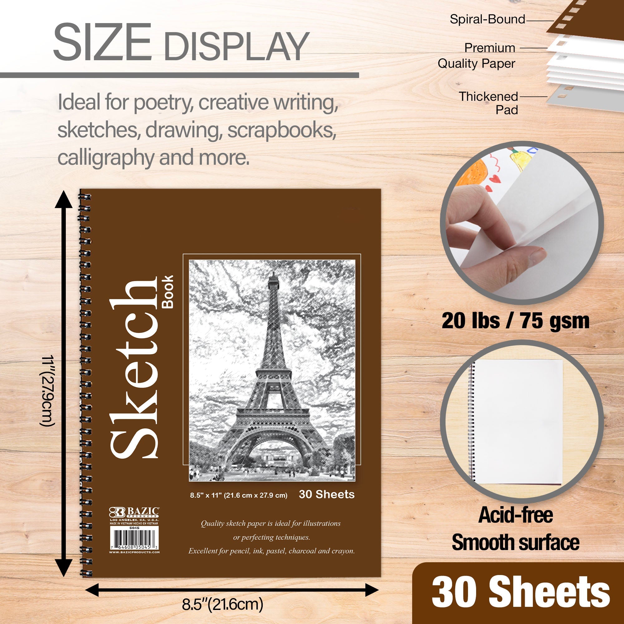 Sketch Pad Side Bound Spiral, 8.5"X 11"(30 Ct.)
