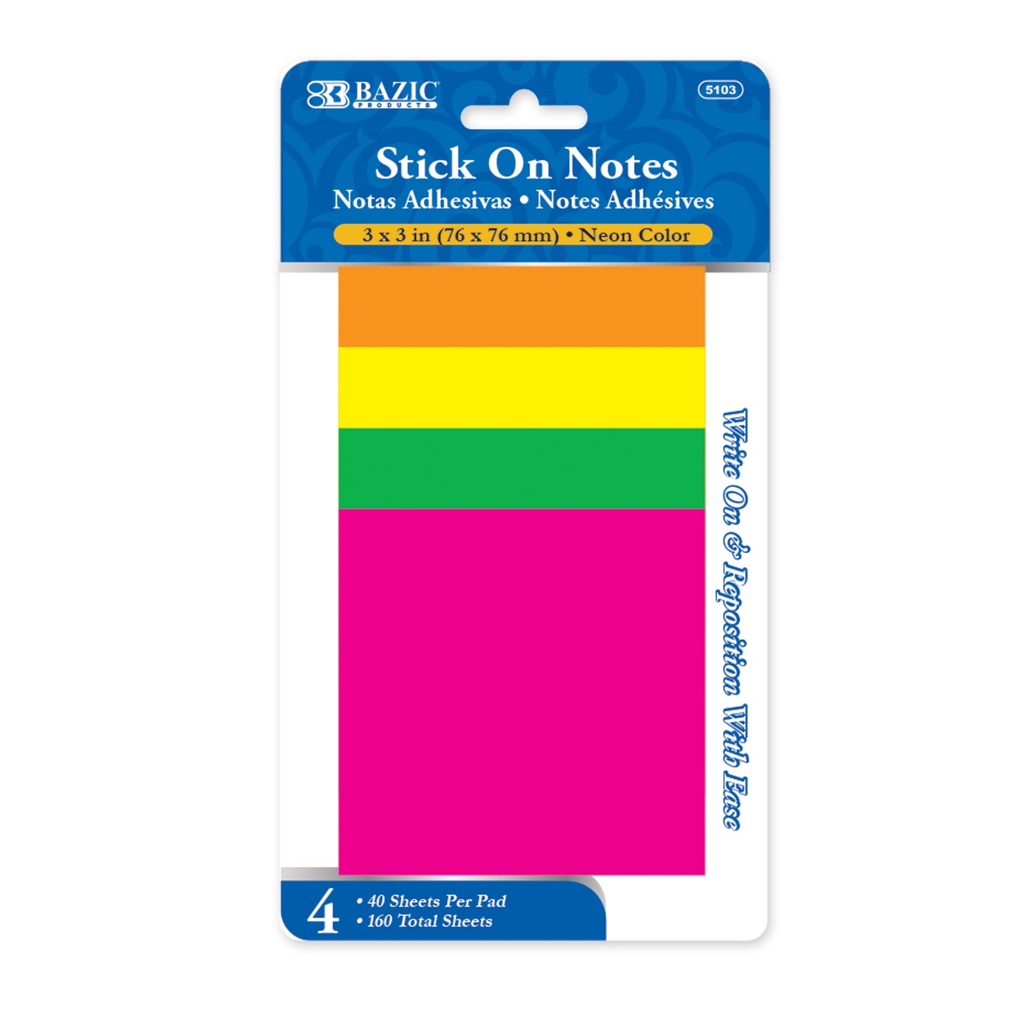 Sticky Notes 3" X 3" 40 Ct. (4/Pack) Neon