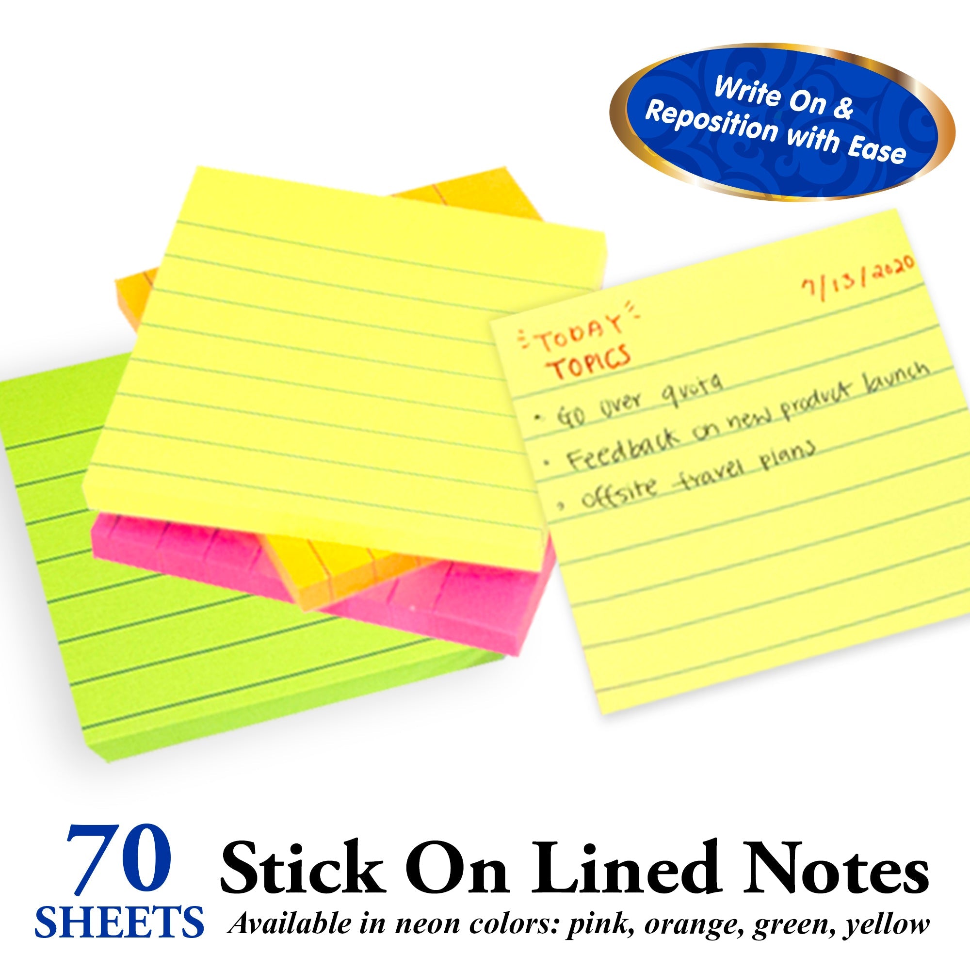 Lined Sticky Notes Neon 3" X 3" 70 Ct.