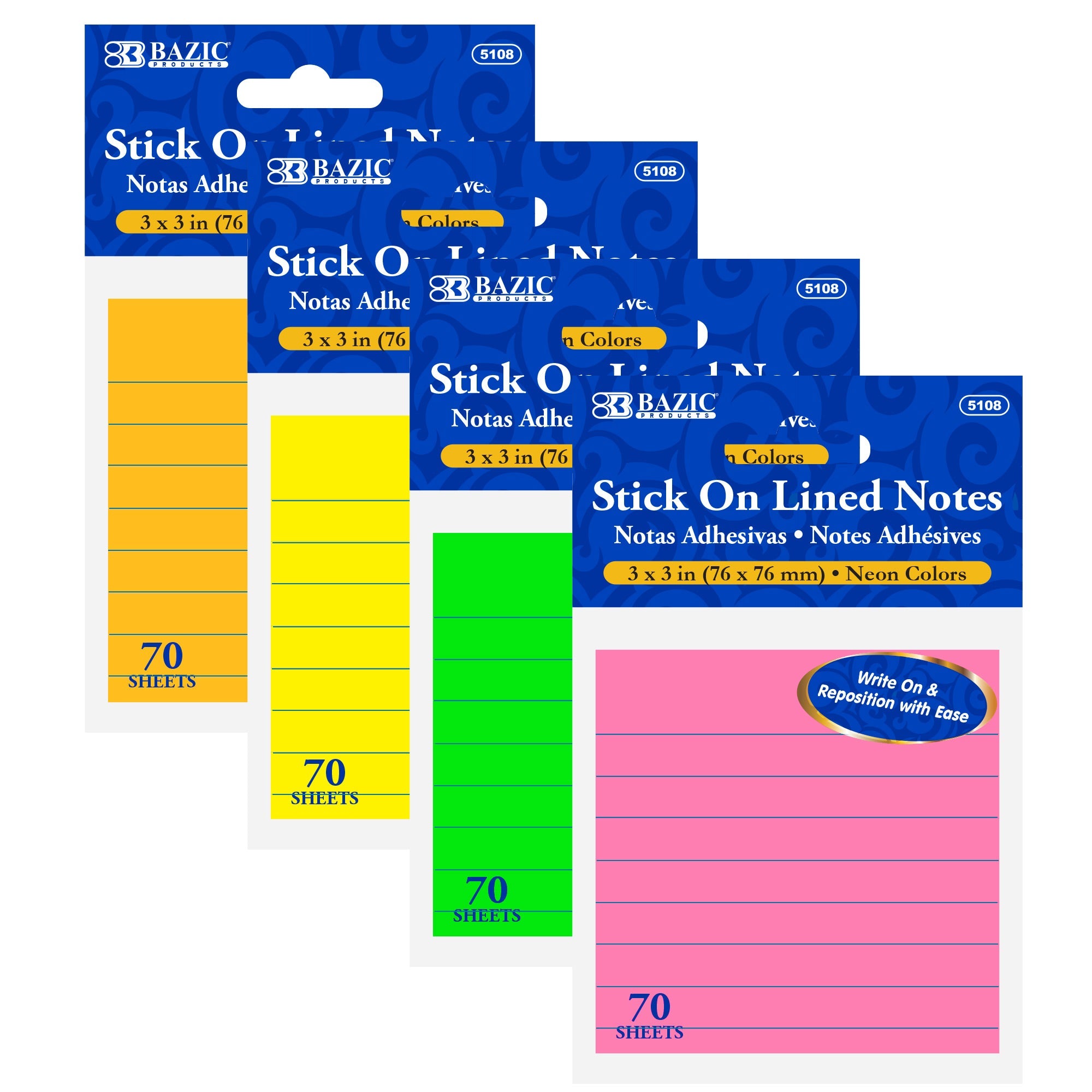 Lined Sticky Notes Neon 3" X 3" 70 Ct.