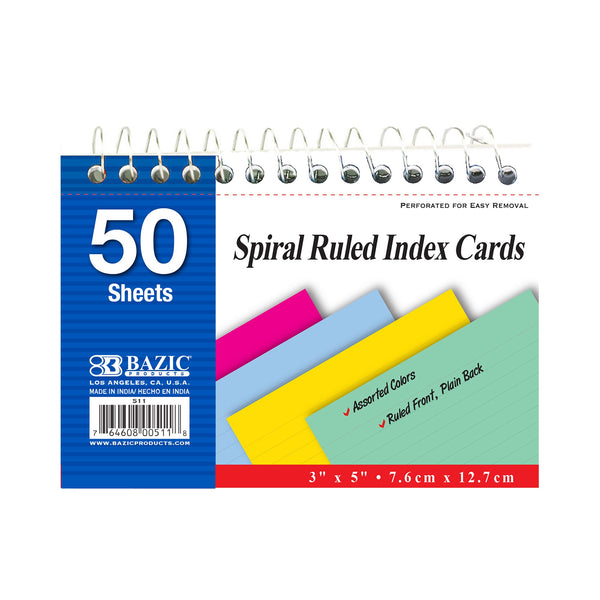50 Ct. Spiral Bound 3" X 5" Ruled Colored Index Card