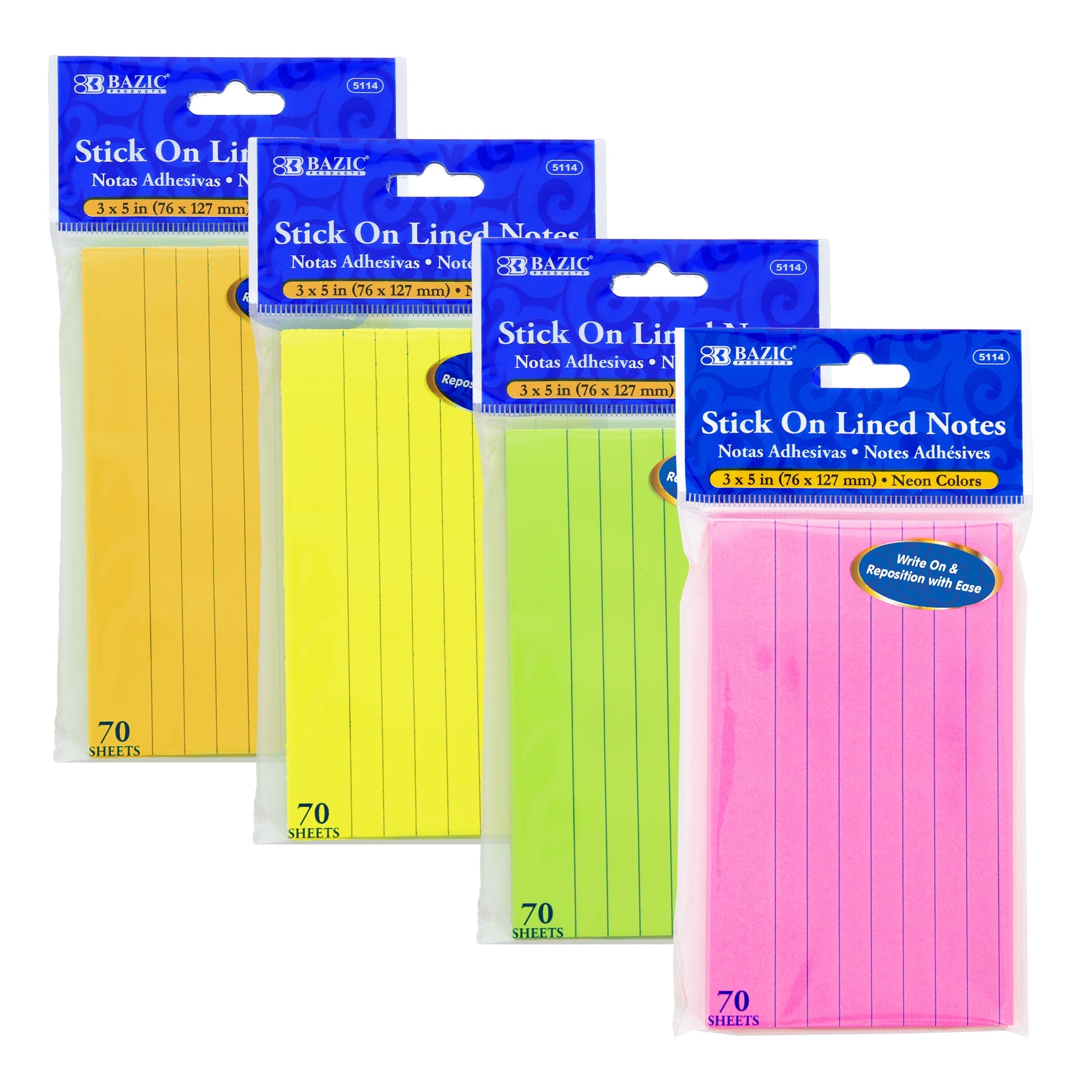 Lined Sticky Notes Neon 3" X 5" 70 Ct.