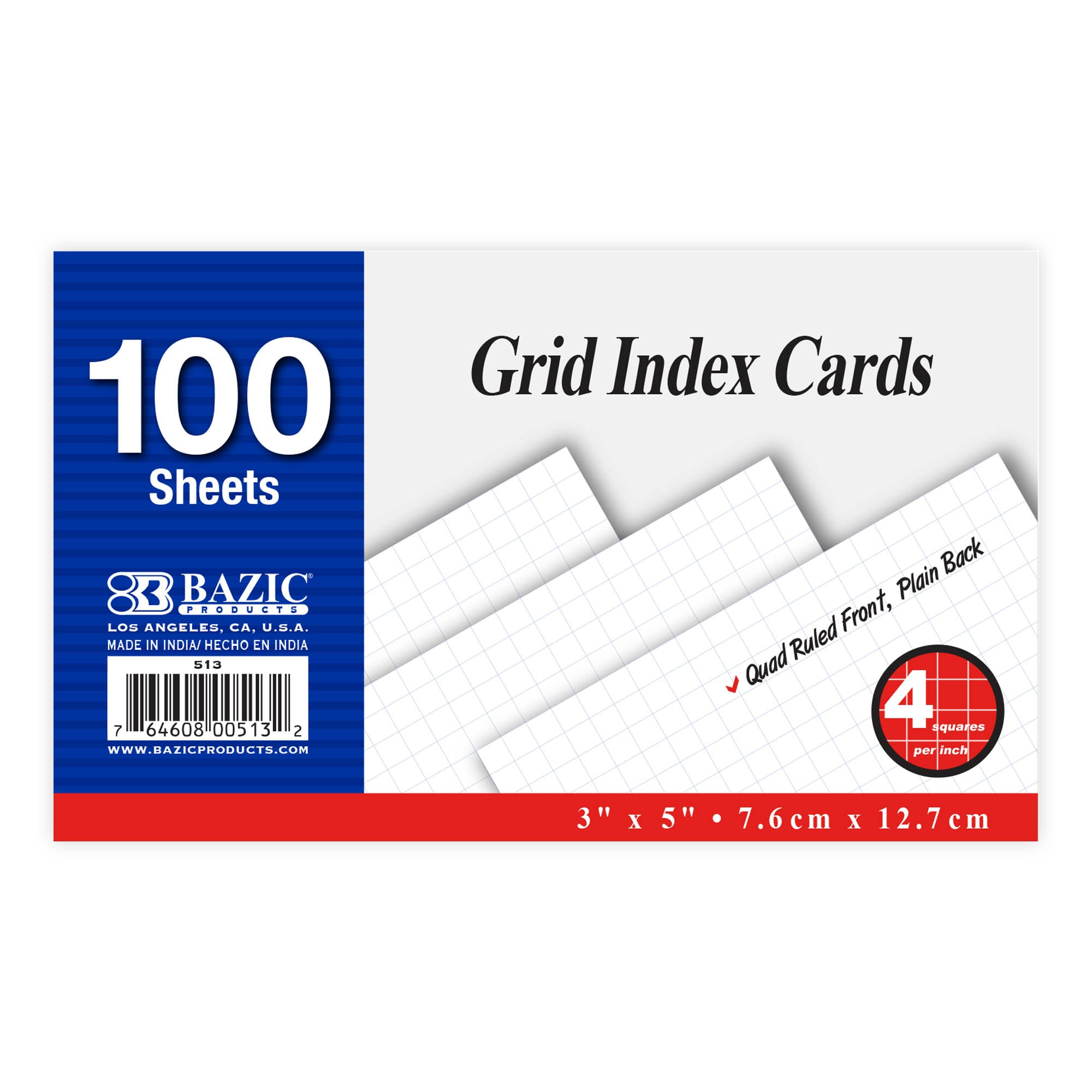 Quad Ruled 4-1" White Index Card 3" X 5" 100 Ct.