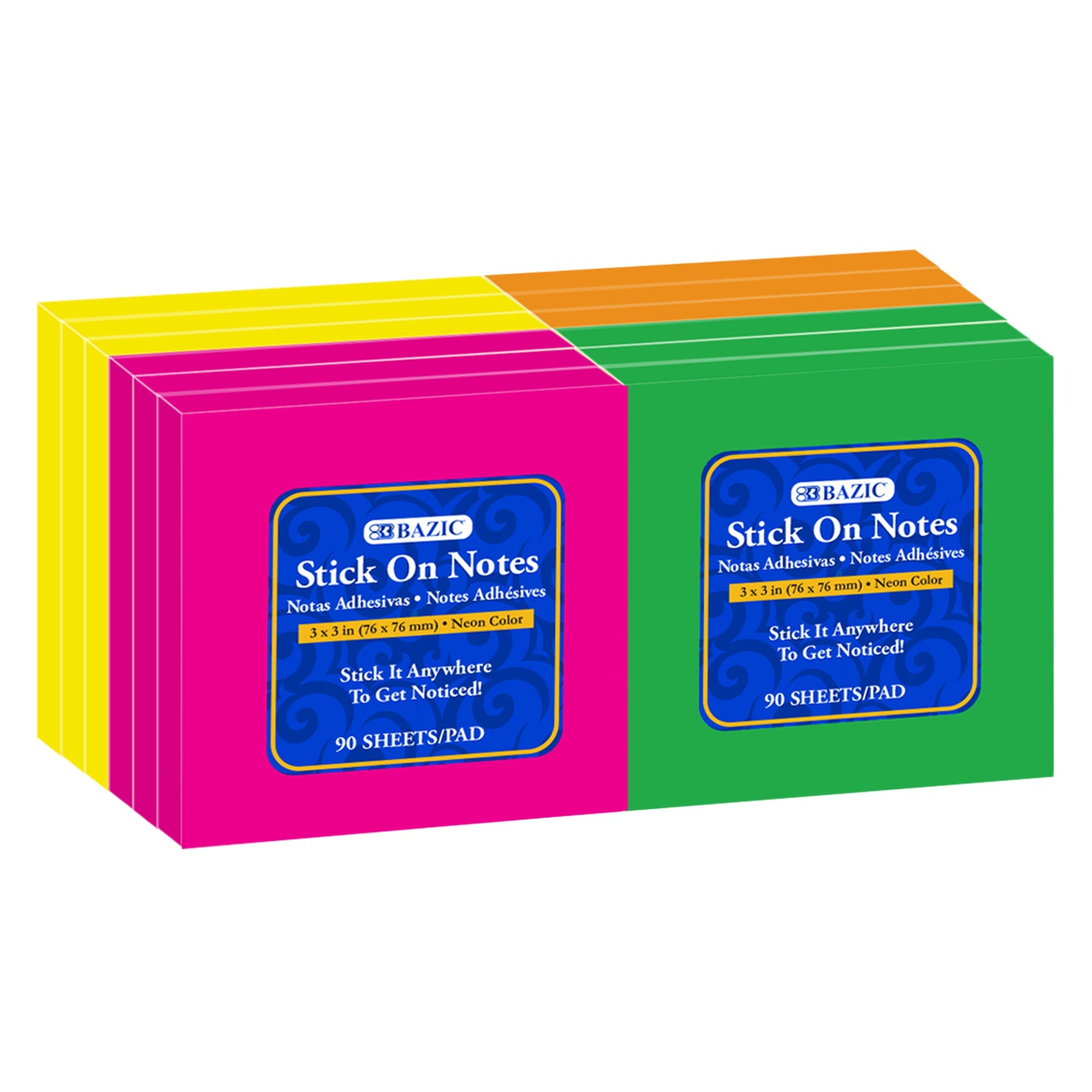 Sticky Notes 3" X 3" (Pack) Neon 90 Ct. (12/Shrink)