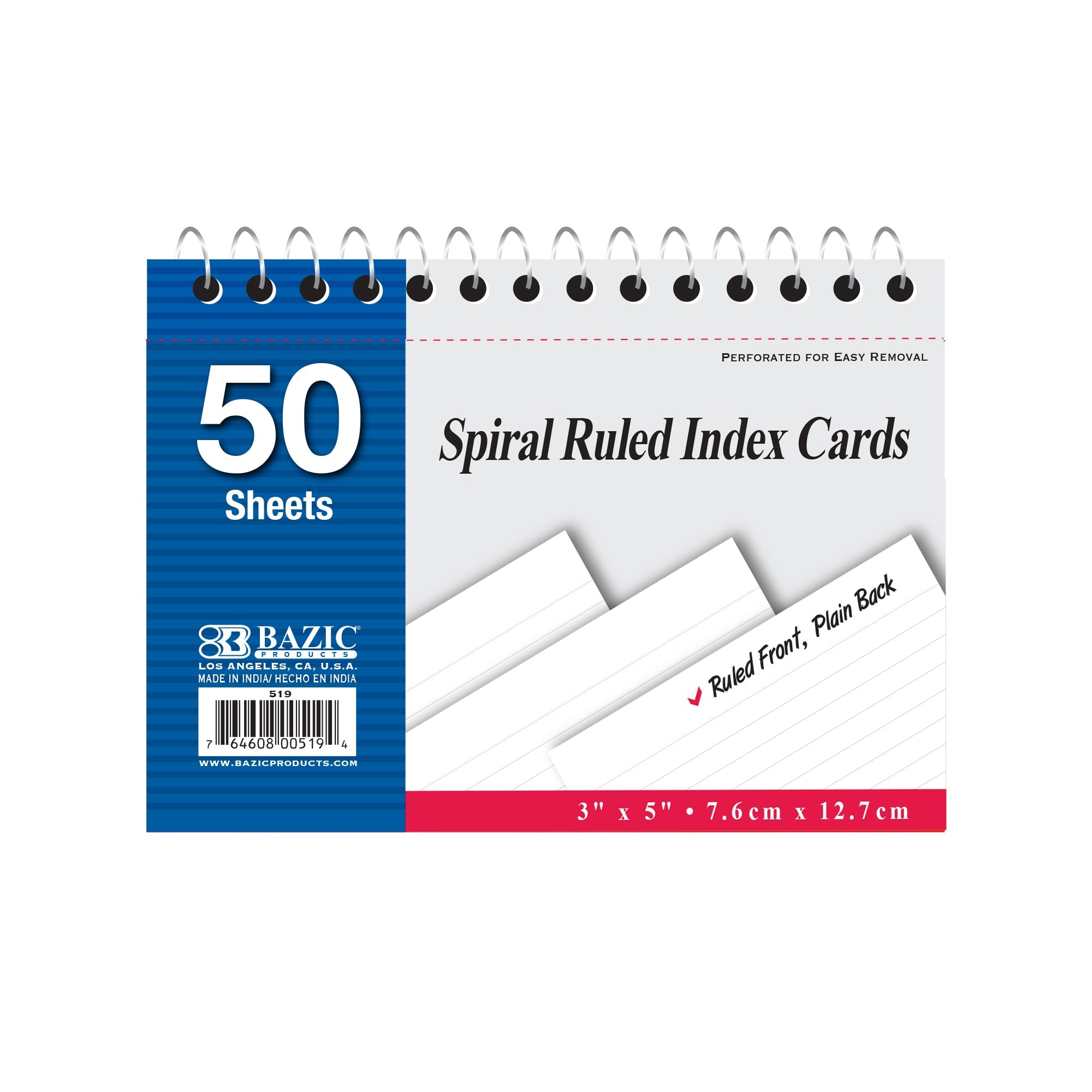 Ruled White Index Card Spiral Bound 3" X 5" 50 Ct.